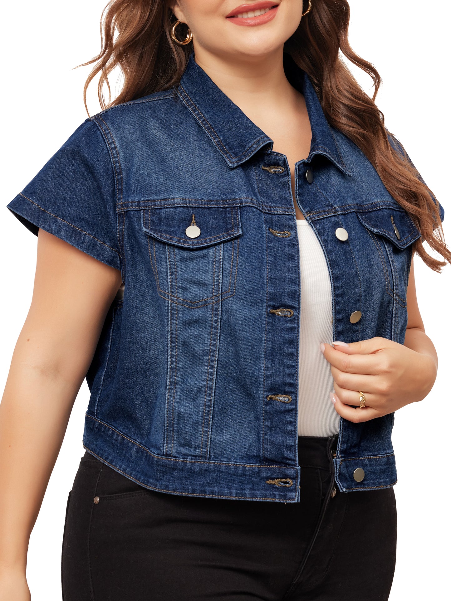 Chaleco vaquero de talla grande para mujer, estilo Y2K, con botones, manga corta, estilo urbano, chaqueta vaquera recortada