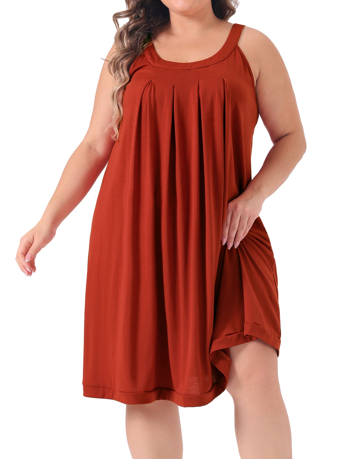 Women Plus Size Nightgown Sleeveless Contrast Color Wide Strap Pleated Sleepwear