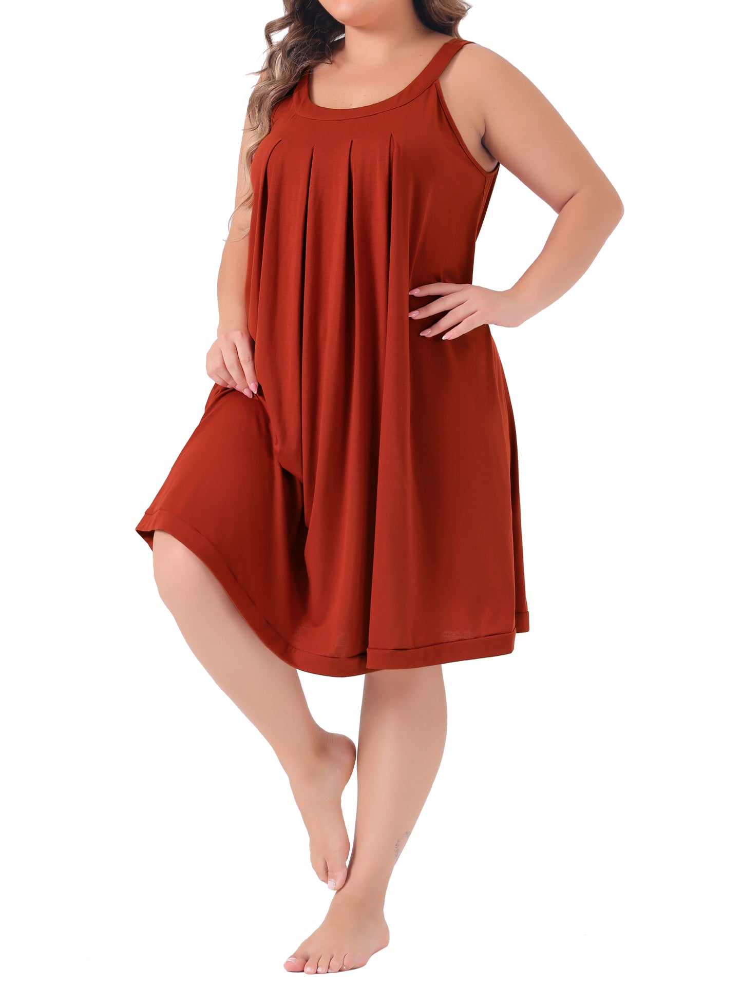 Women Plus Size Nightgown Sleeveless Contrast Color Wide Strap Pleated Sleepwear