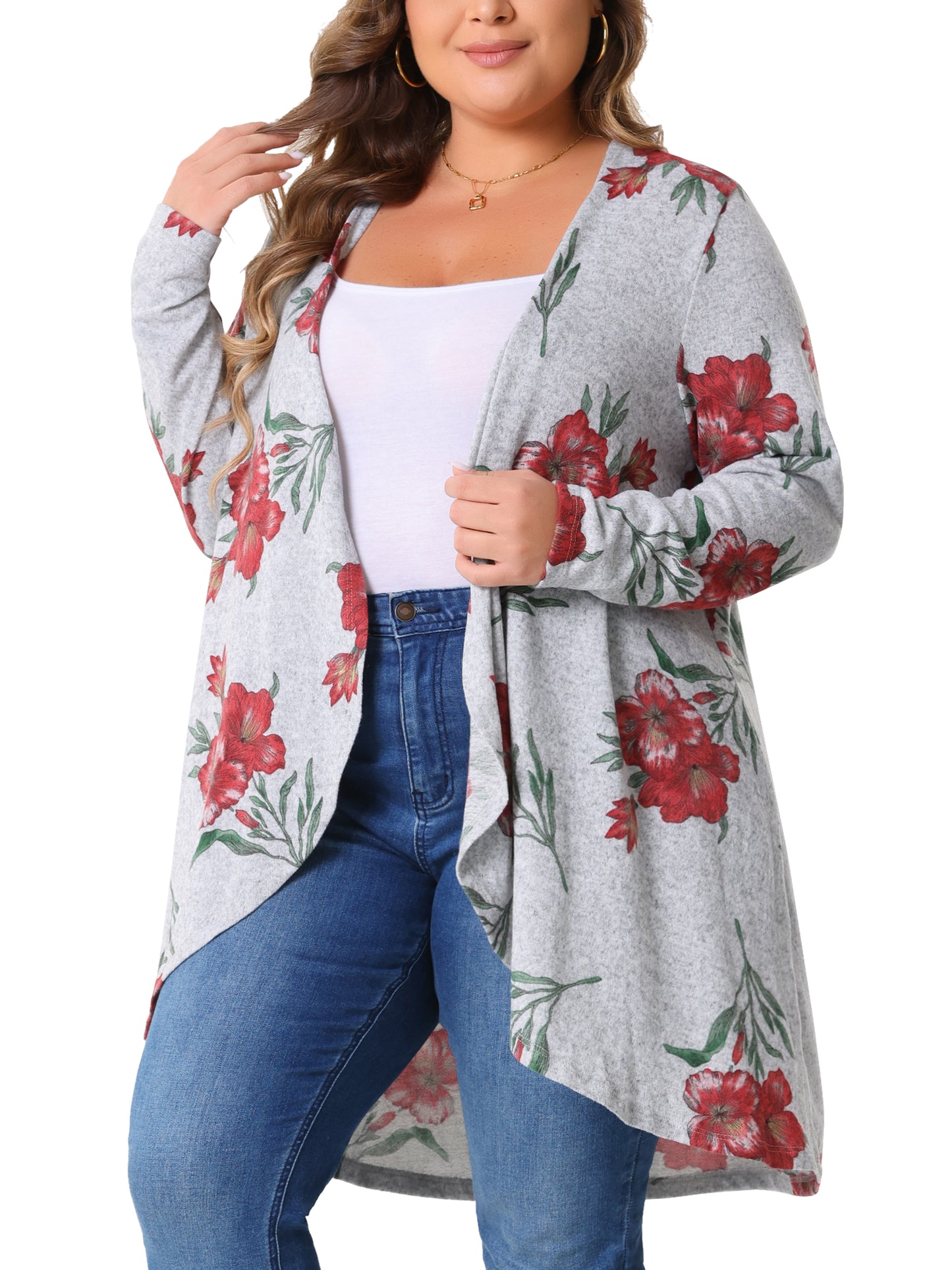 Women Plus Size Cardigan Lightweight Long Sleeve Floral Knit High Low Hem Draped Duster