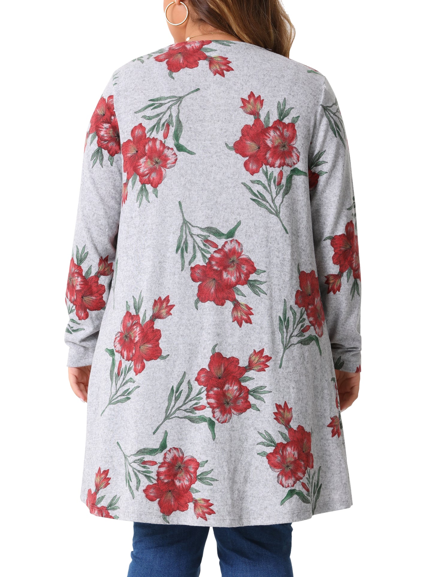Women Plus Size Cardigan Lightweight Long Sleeve Floral Knit High Low Hem Draped Duster