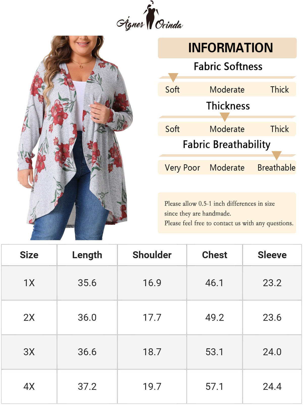 Women Plus Size Cardigan Lightweight Long Sleeve Floral Knit High Low Hem Draped Duster