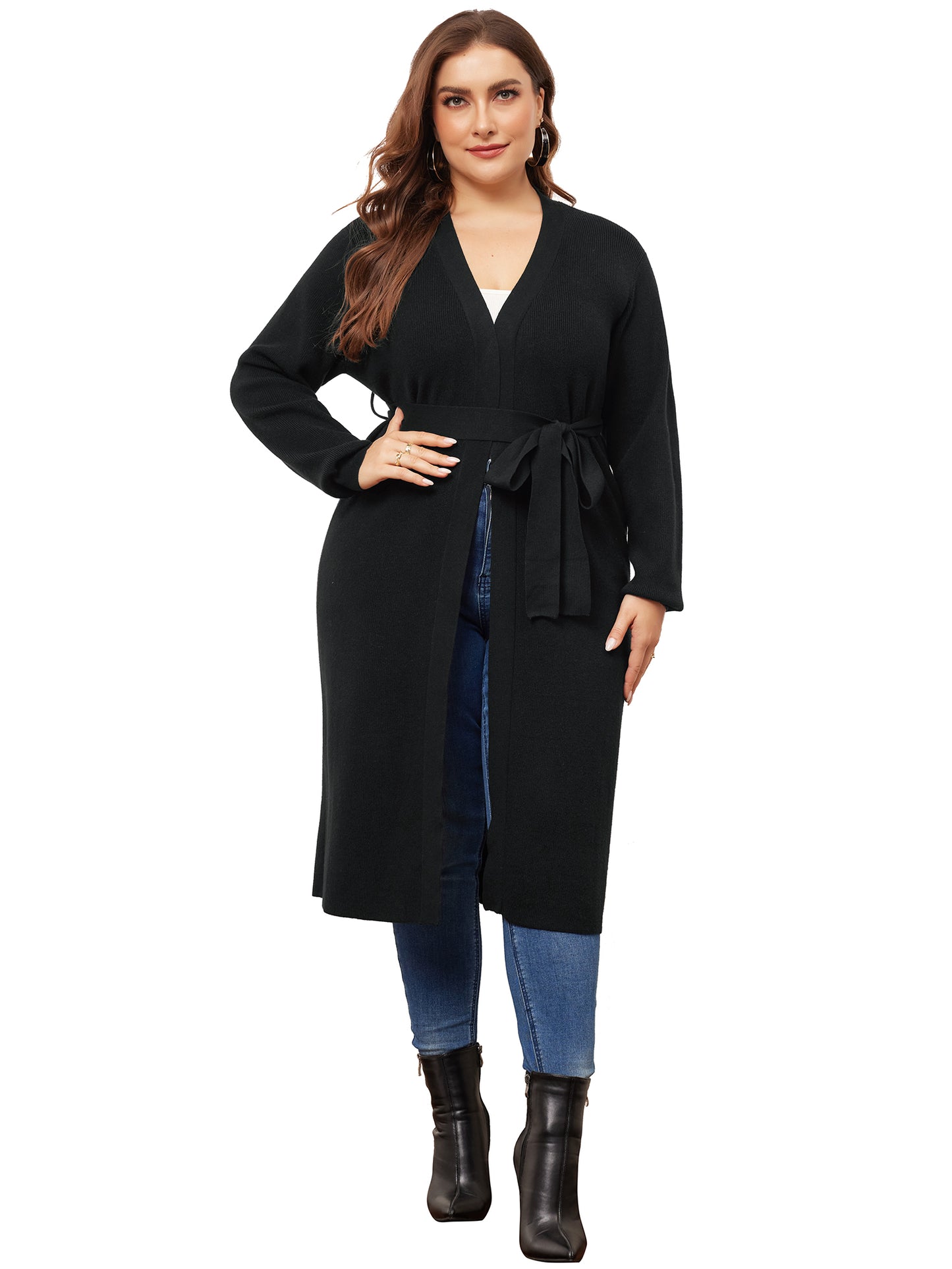 Women Plus Size Sweater Cardigan Knit Sweater Long Sleeve Belted Overwear Long Cardigans