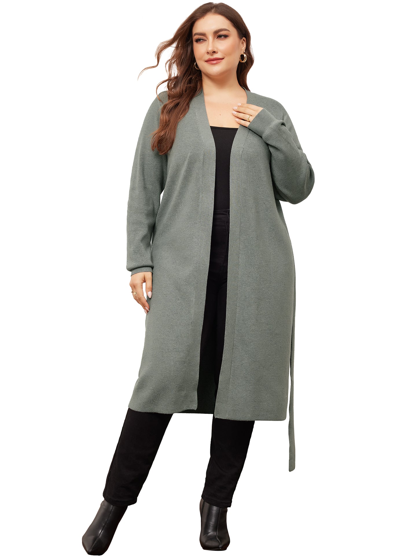 Women Plus Size Sweater Cardigan Knit Sweater Long Sleeve Belted Overwear Long Cardigans