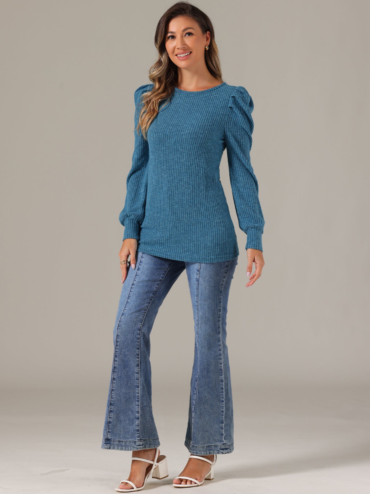 Women's Puff Long Sleeve Tunic Tops Knit Crew Neck Casual Blouse