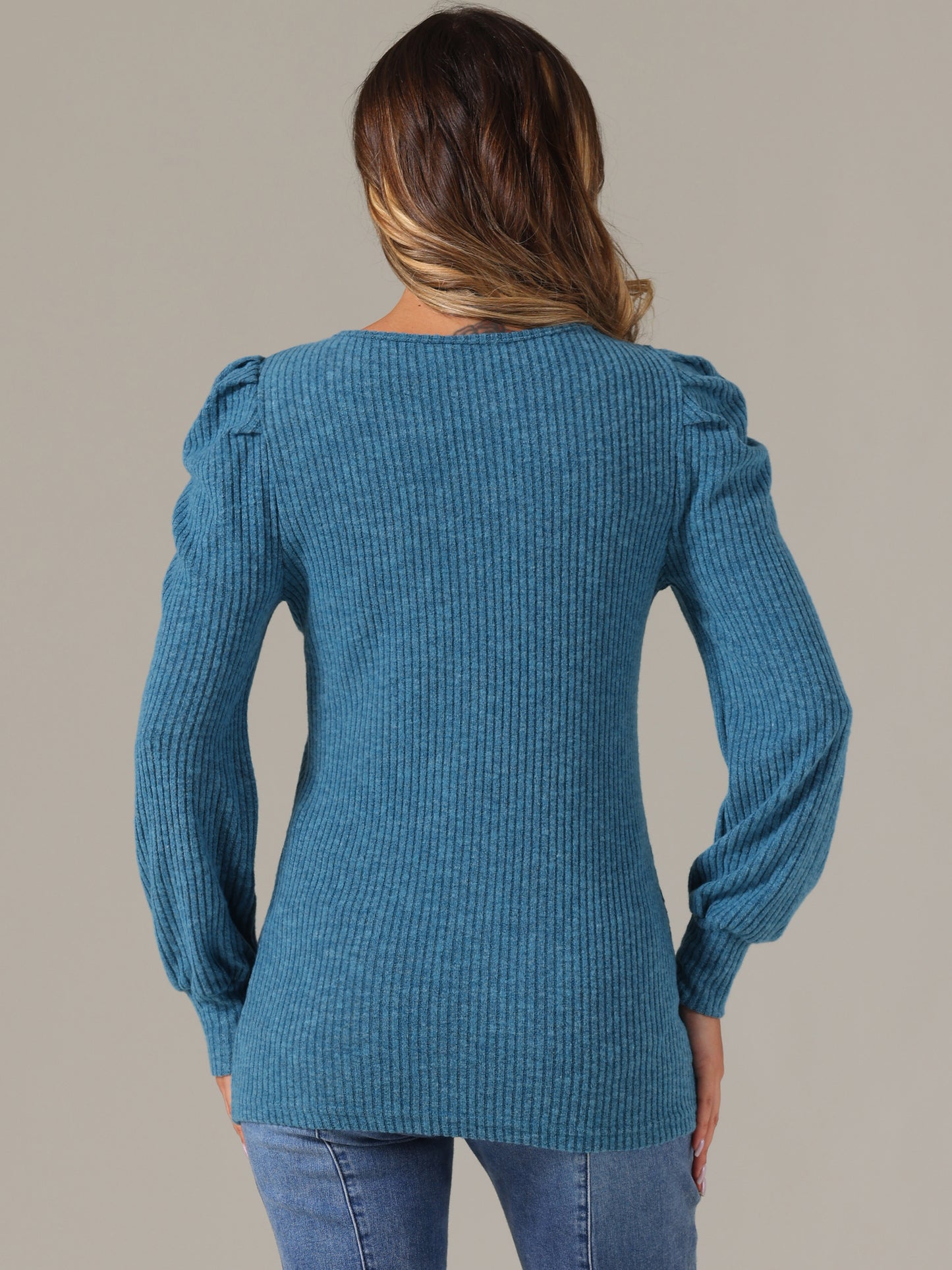 Women's Puff Long Sleeve Tunic Tops Knit Crew Neck Casual Blouse