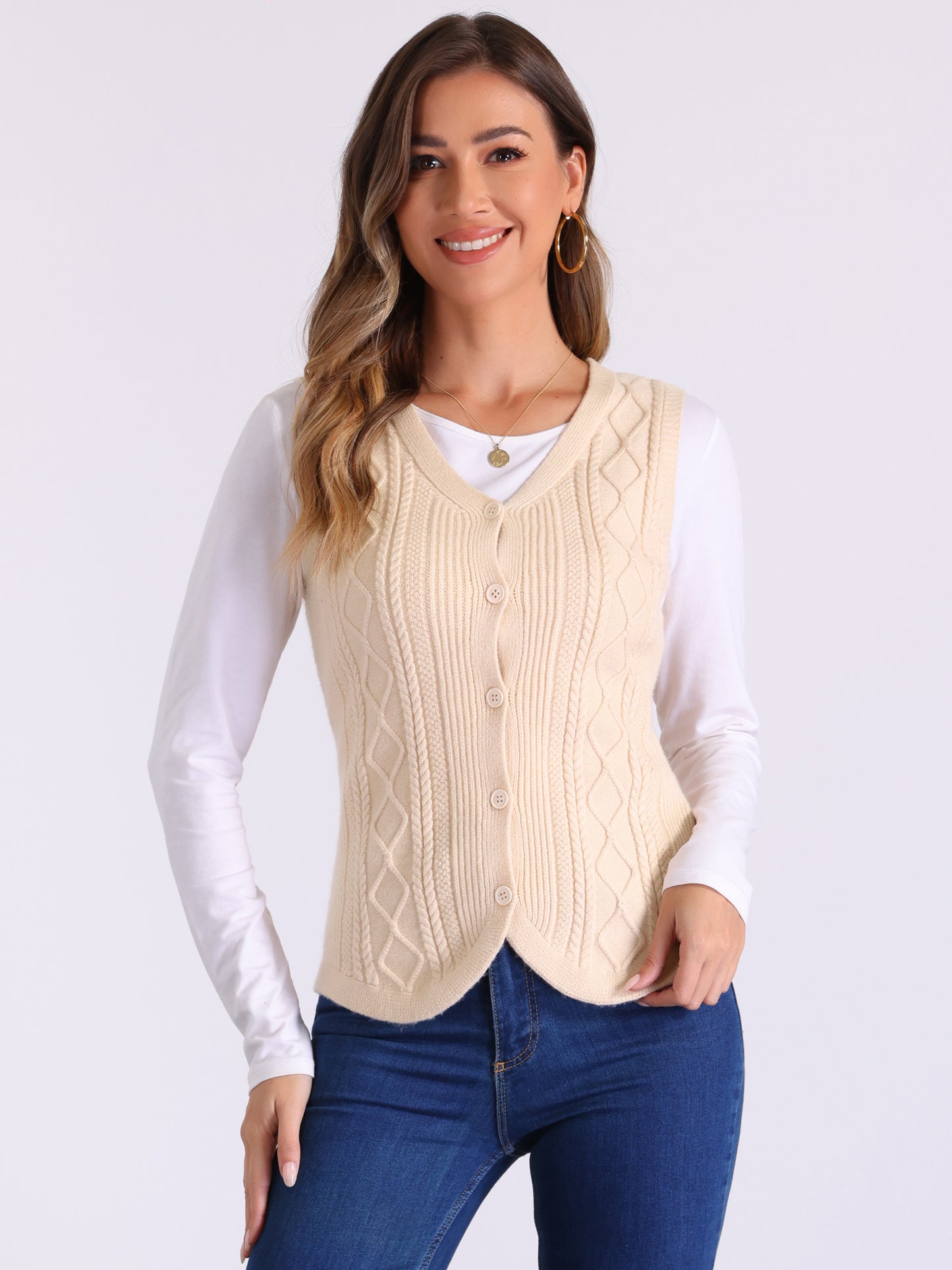 Women's Casual V Neck Button Down Sleeveless Knitted Sweater Vest