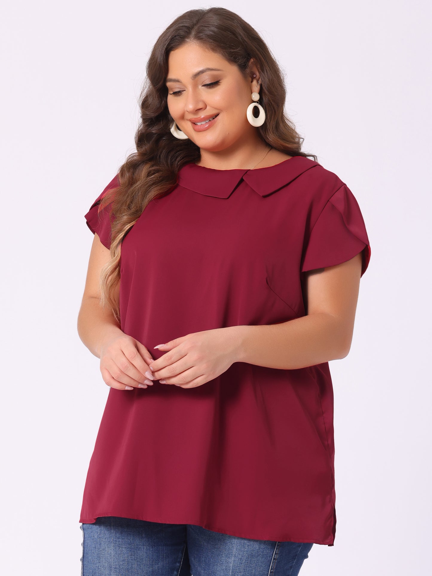 Women Plus Size Boat Lapel Neck Short Sleeve Chiffon Blouse Summer Top
