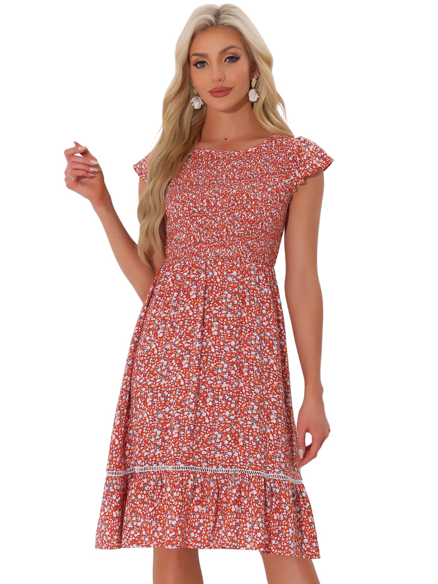 Women's Smocked Floral Fit and Flare Midi Dress