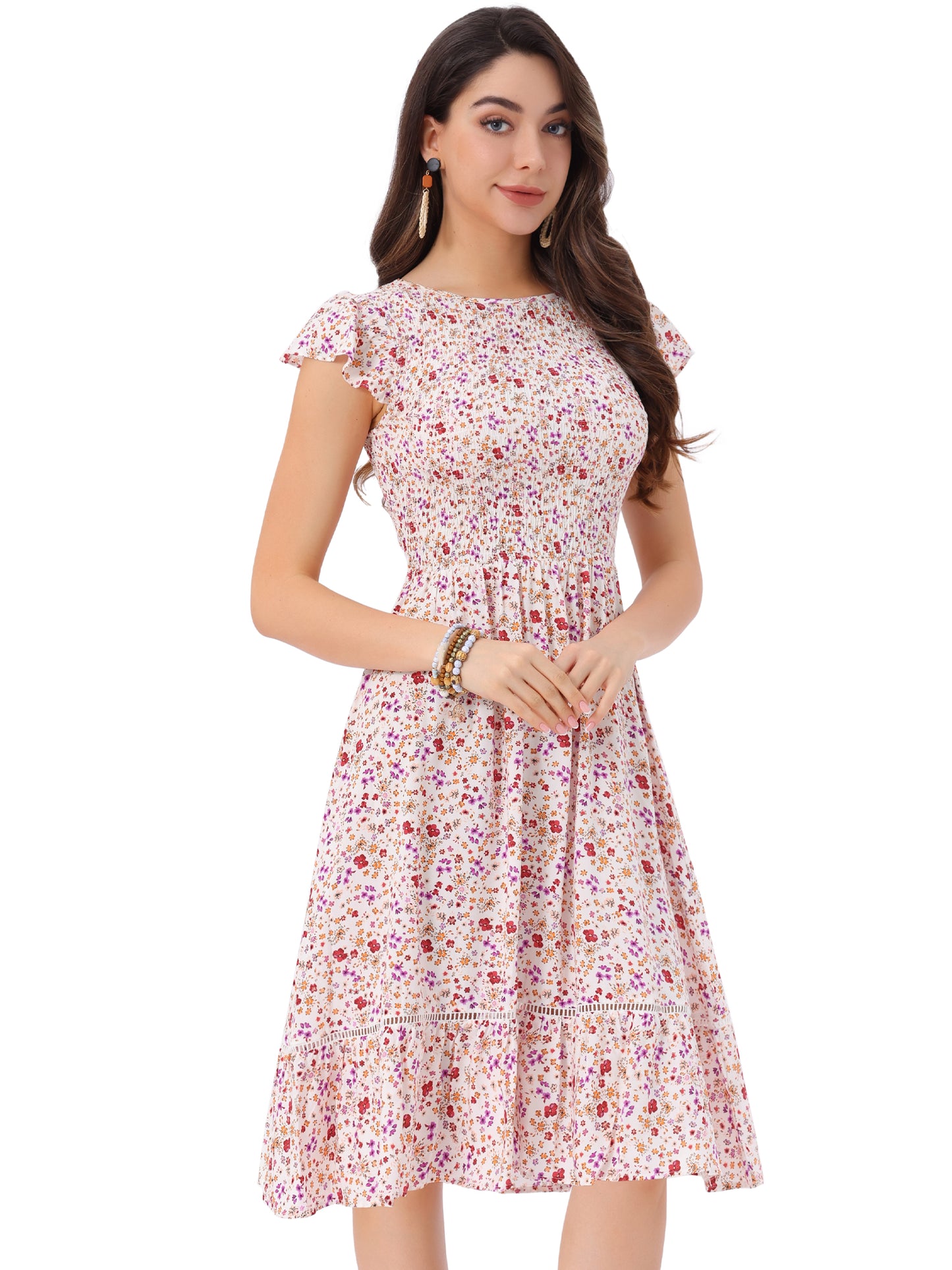Women's Smocked Floral Fit and Flare Midi Dress