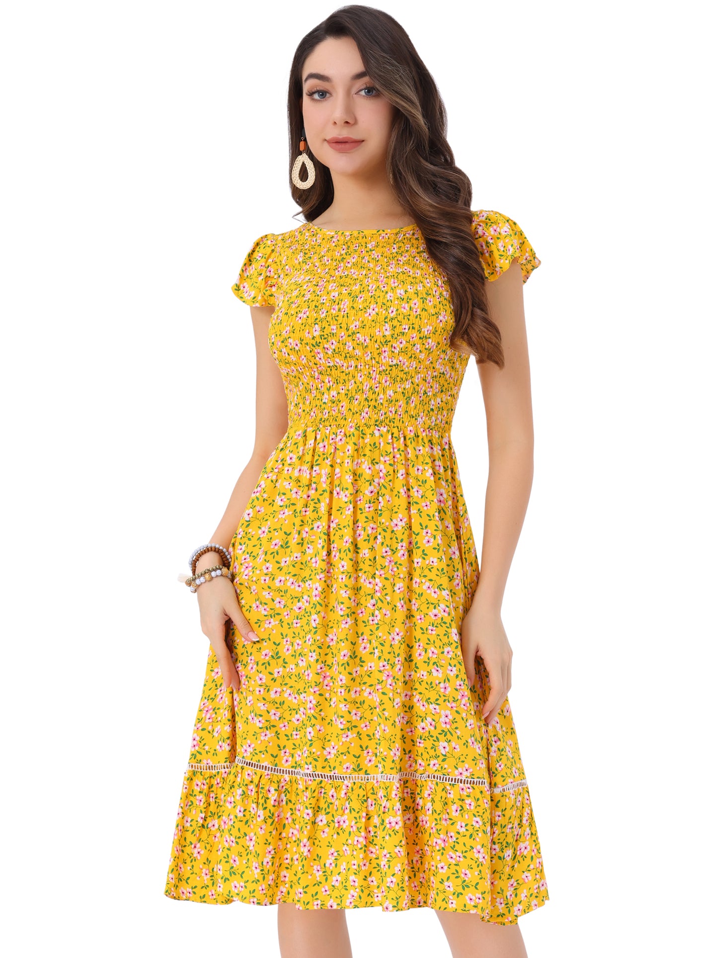 Women's Smocked Floral Fit and Flare Midi Dress