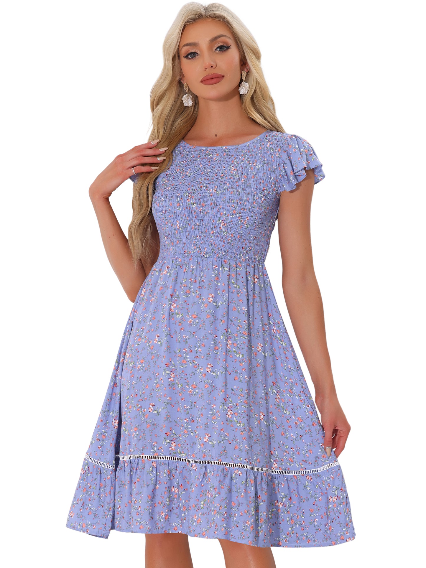 Women's Smocked Floral Fit and Flare Midi Dress