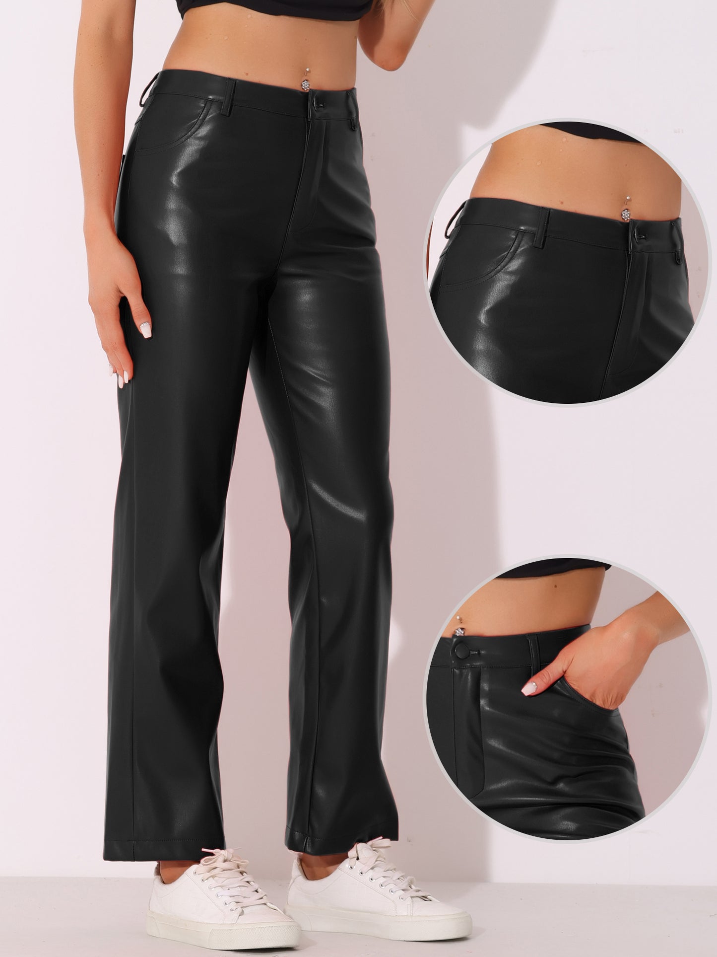Women's High Waist Straight Leg Punk PU Trousers Faux Leather Pants