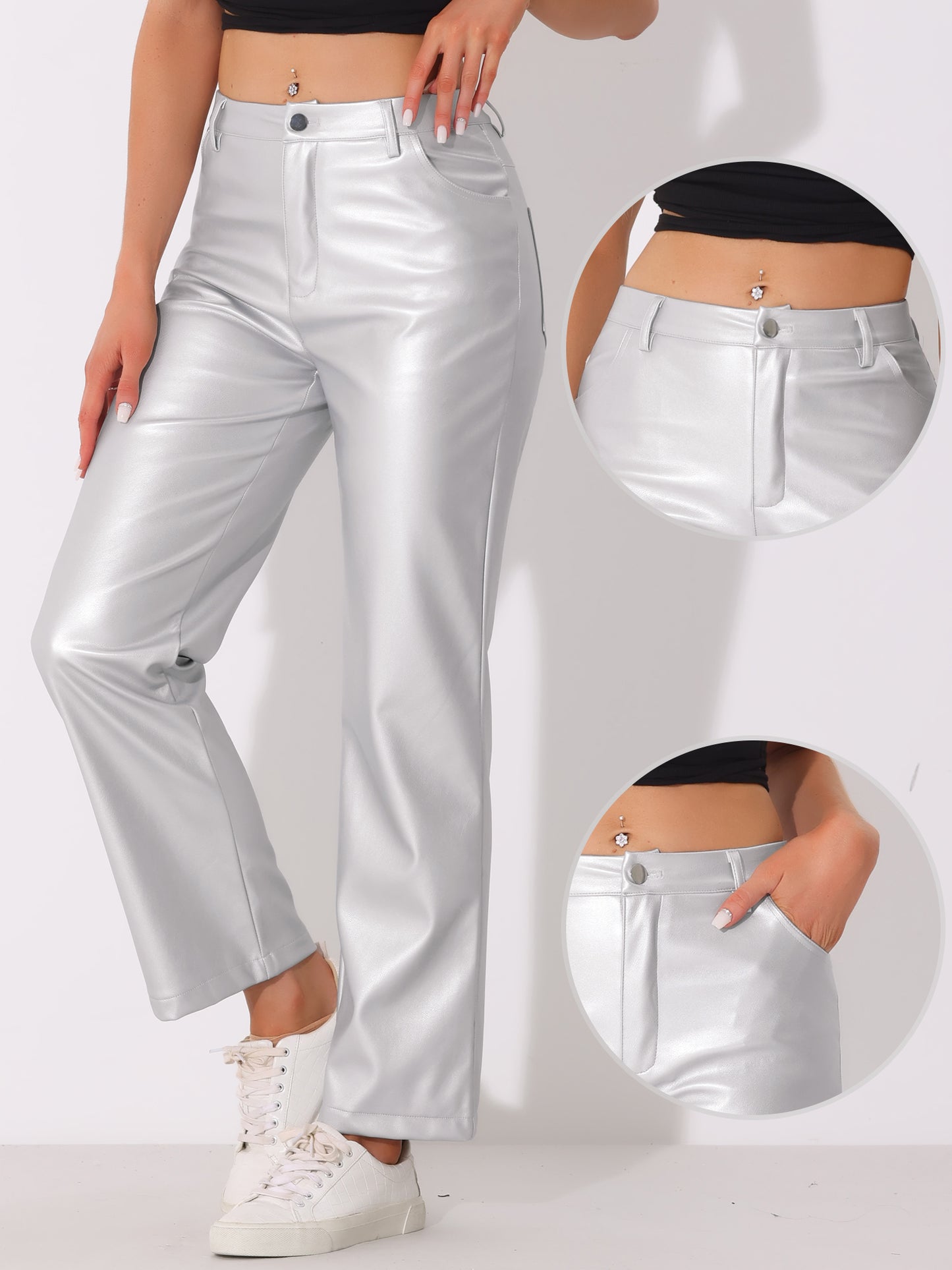 Women's High Waist Straight Leg Punk PU Trousers Faux Leather Pants
