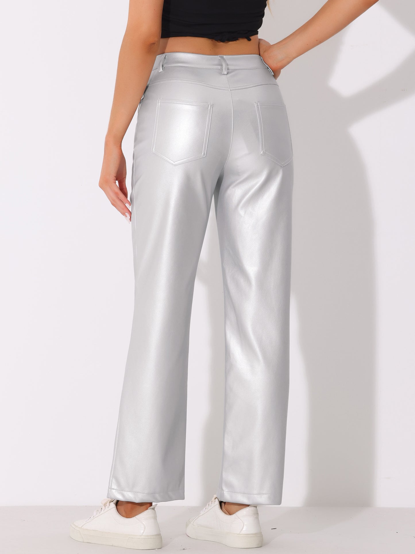 Women's High Waist Straight Leg Punk PU Trousers Faux Leather Pants