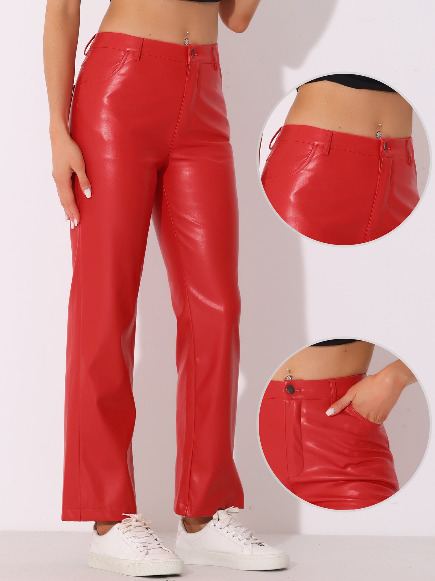 Women's High Waist Straight Leg Punk PU Trousers Faux Leather Pants