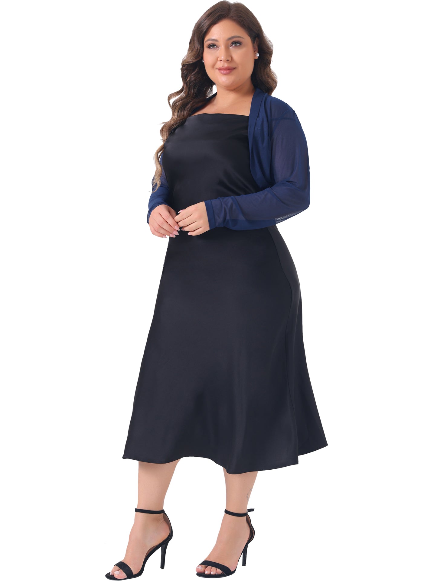 Women Plus Size Mesh Crop Cardigans Long Sleeve Open Front See Through Sheer Bolero Shrug Top