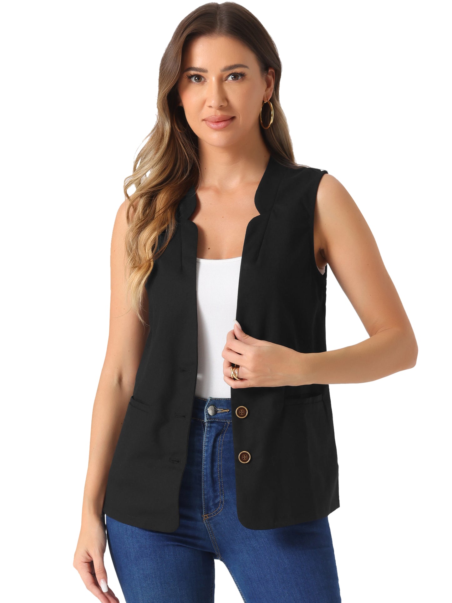 Women's Casual V Neck Button Down Cotton Linen Vest