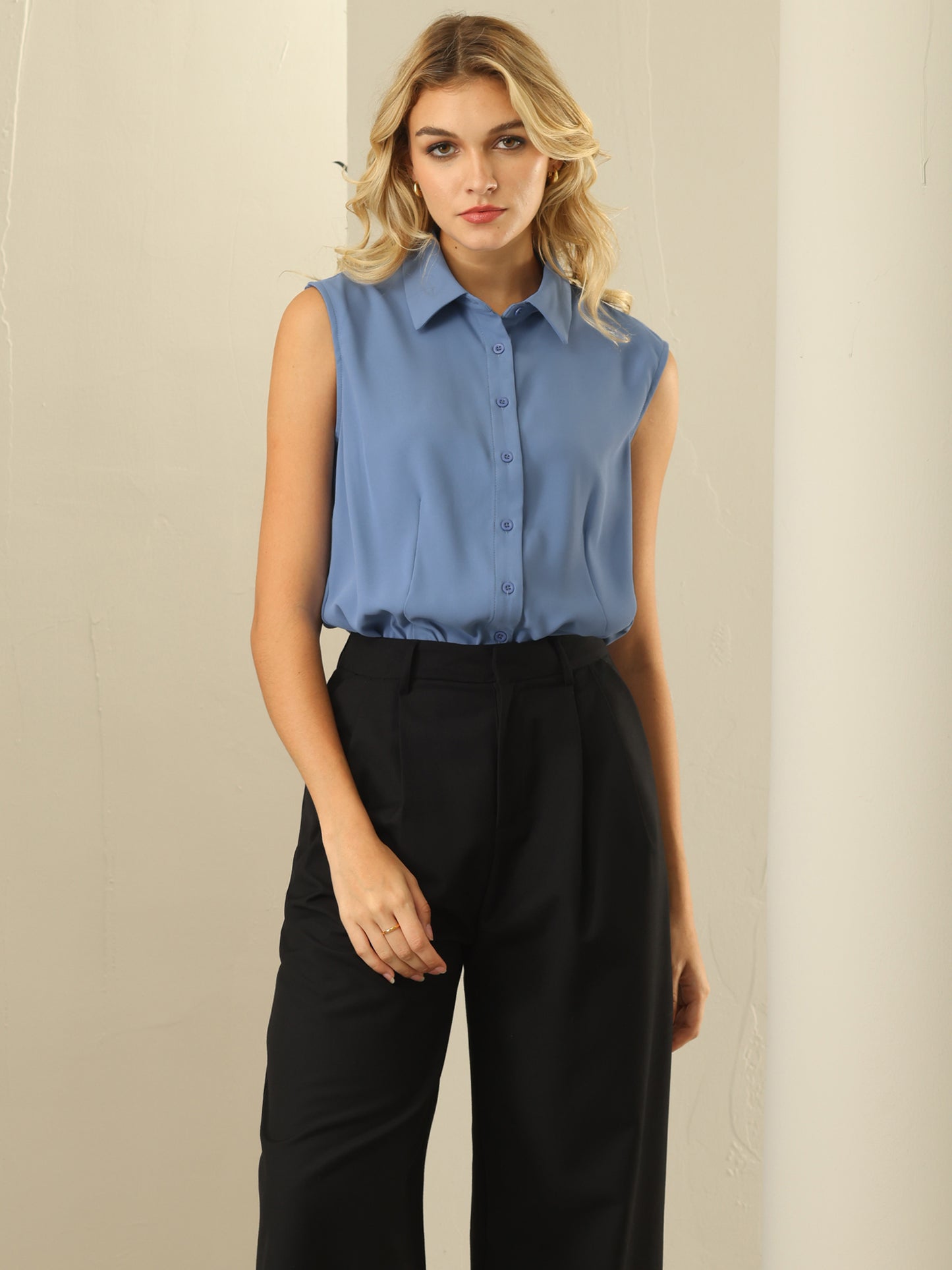 Women's Button Up Work Collared Sleeveless Shirt Bodysuit