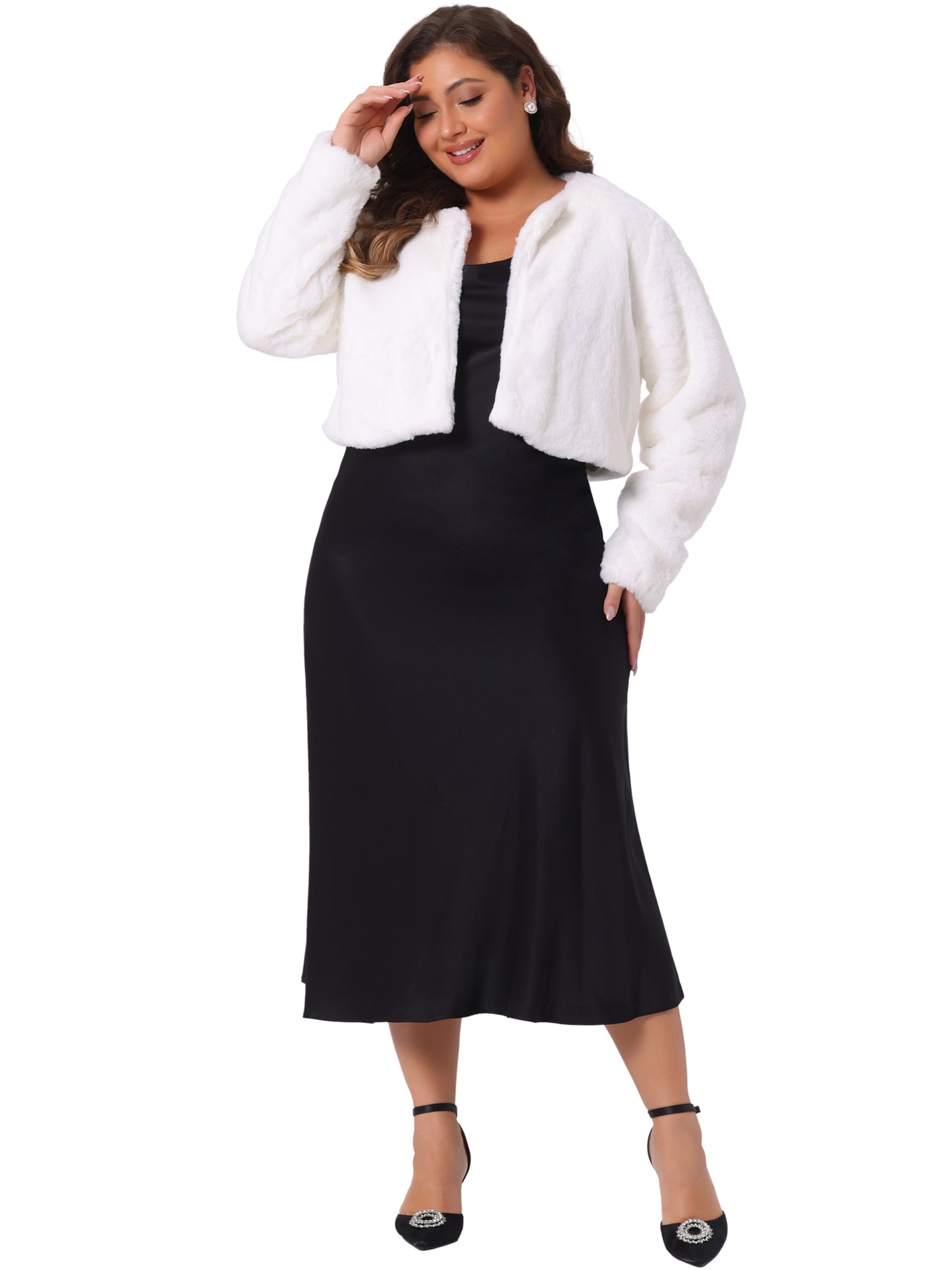 Women Plus Size Fluffy Jacket Open Front Cropped Faux Fur Winter Jacket