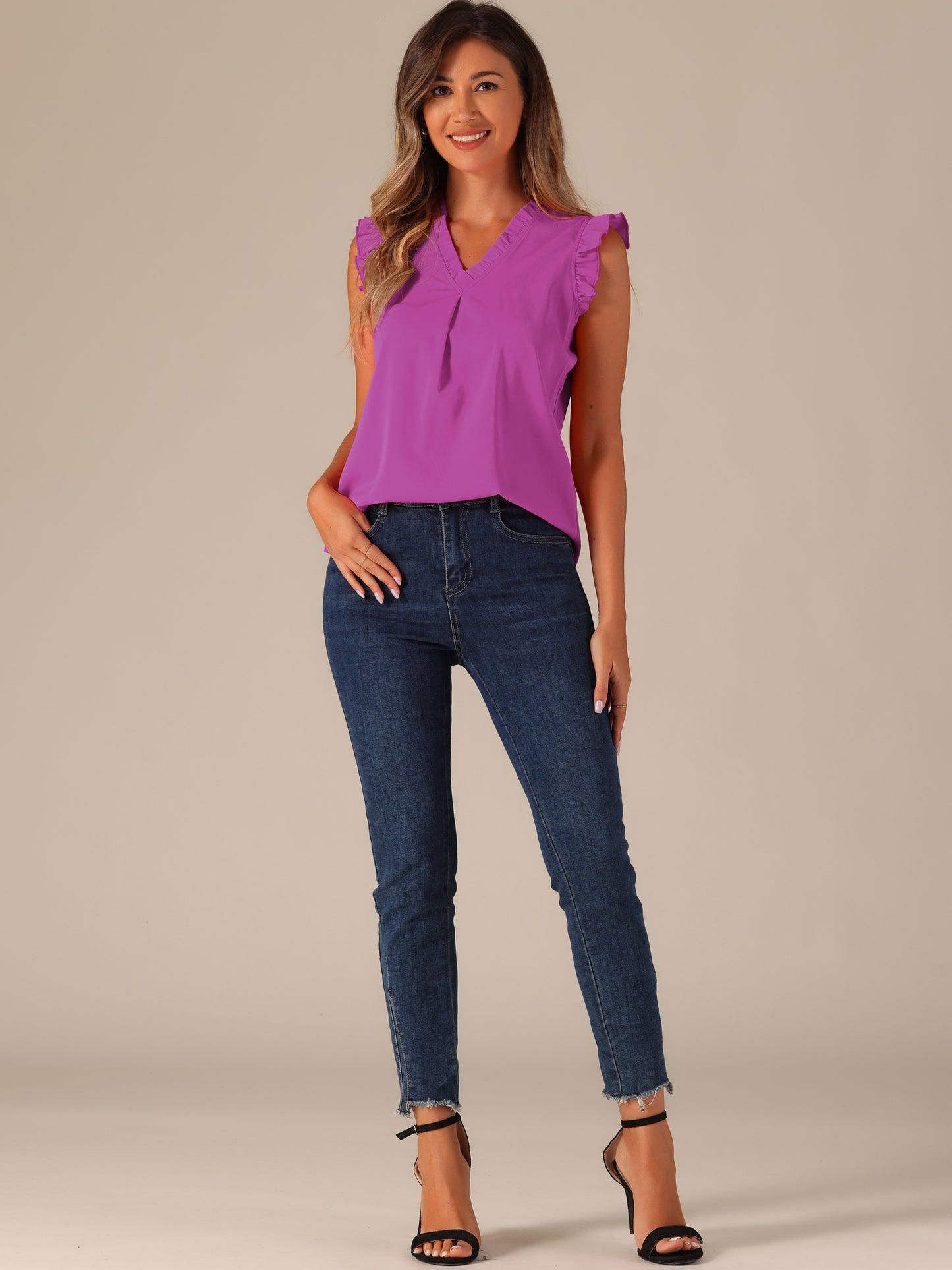 Women's Ruffled Sleeveless Blouse Work Business Top