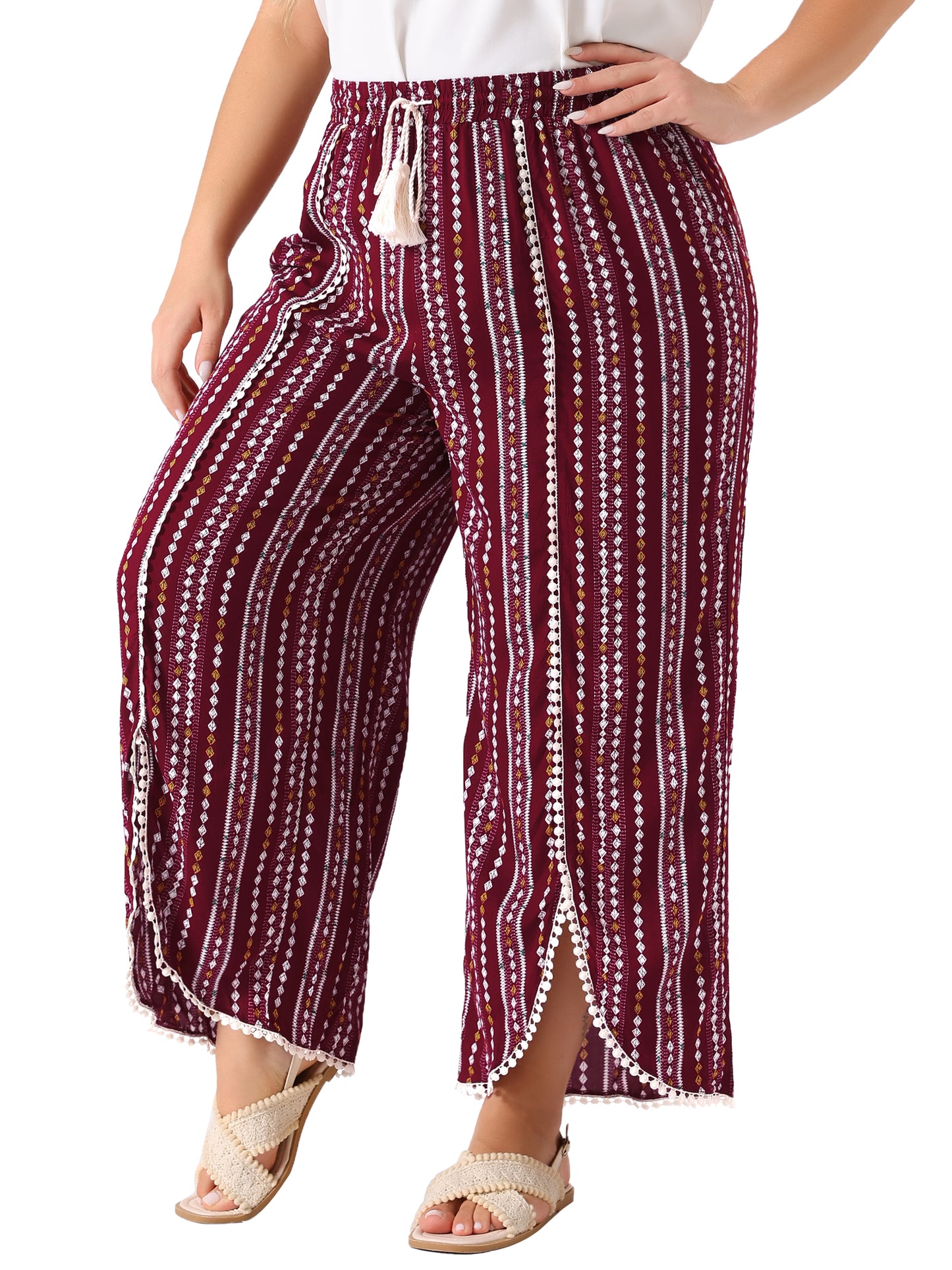 Women Plus Size Split Elastic Waist Flowy Striped Wide Leg Pants