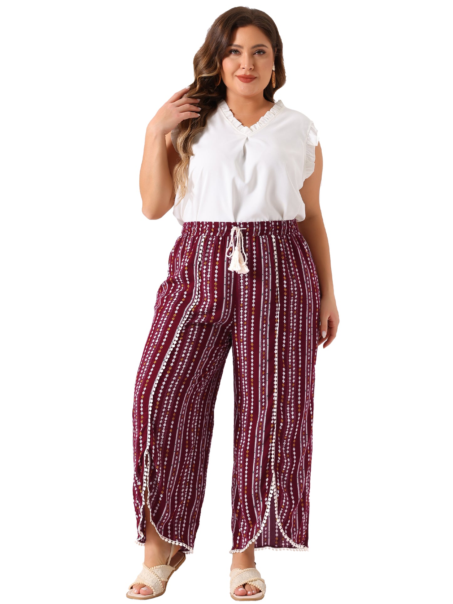 Women Plus Size Split Elastic Waist Flowy Striped Wide Leg Pants