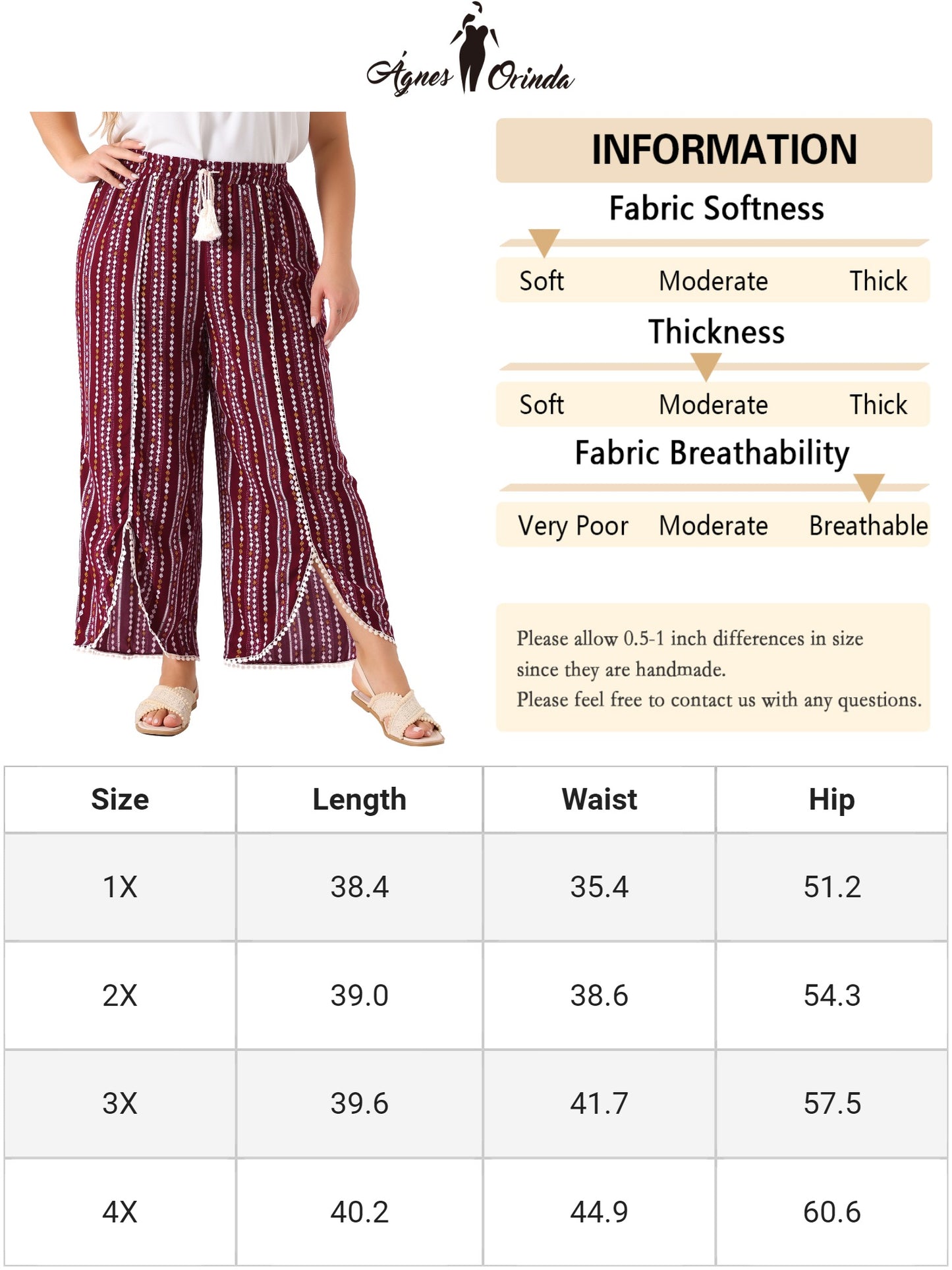 Women Plus Size Split Elastic Waist Flowy Striped Wide Leg Pants