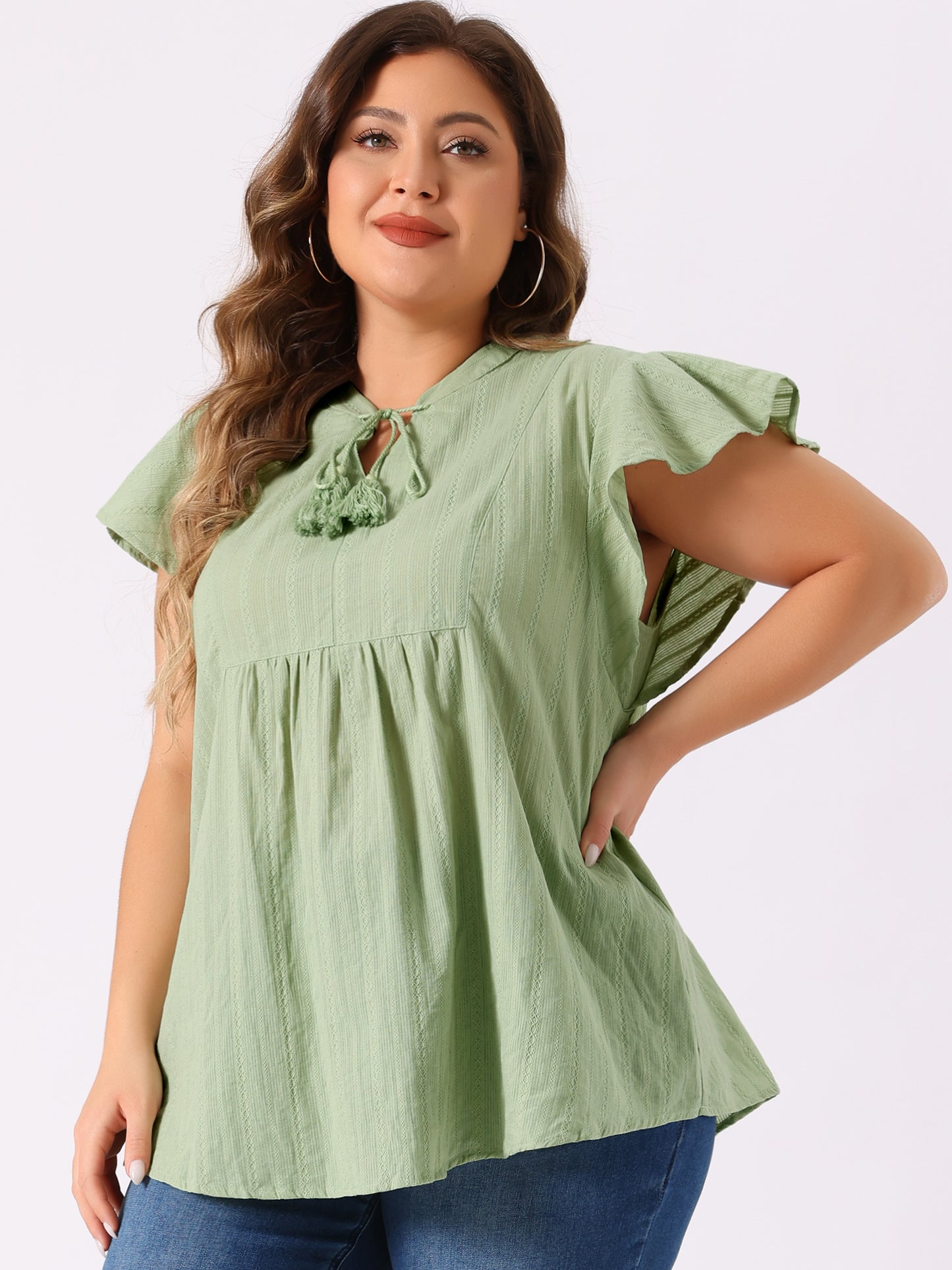 Women Plus Size V Neck Tassel Self Tie Flutter Short Sleeve Blouse Flowy Summer Top