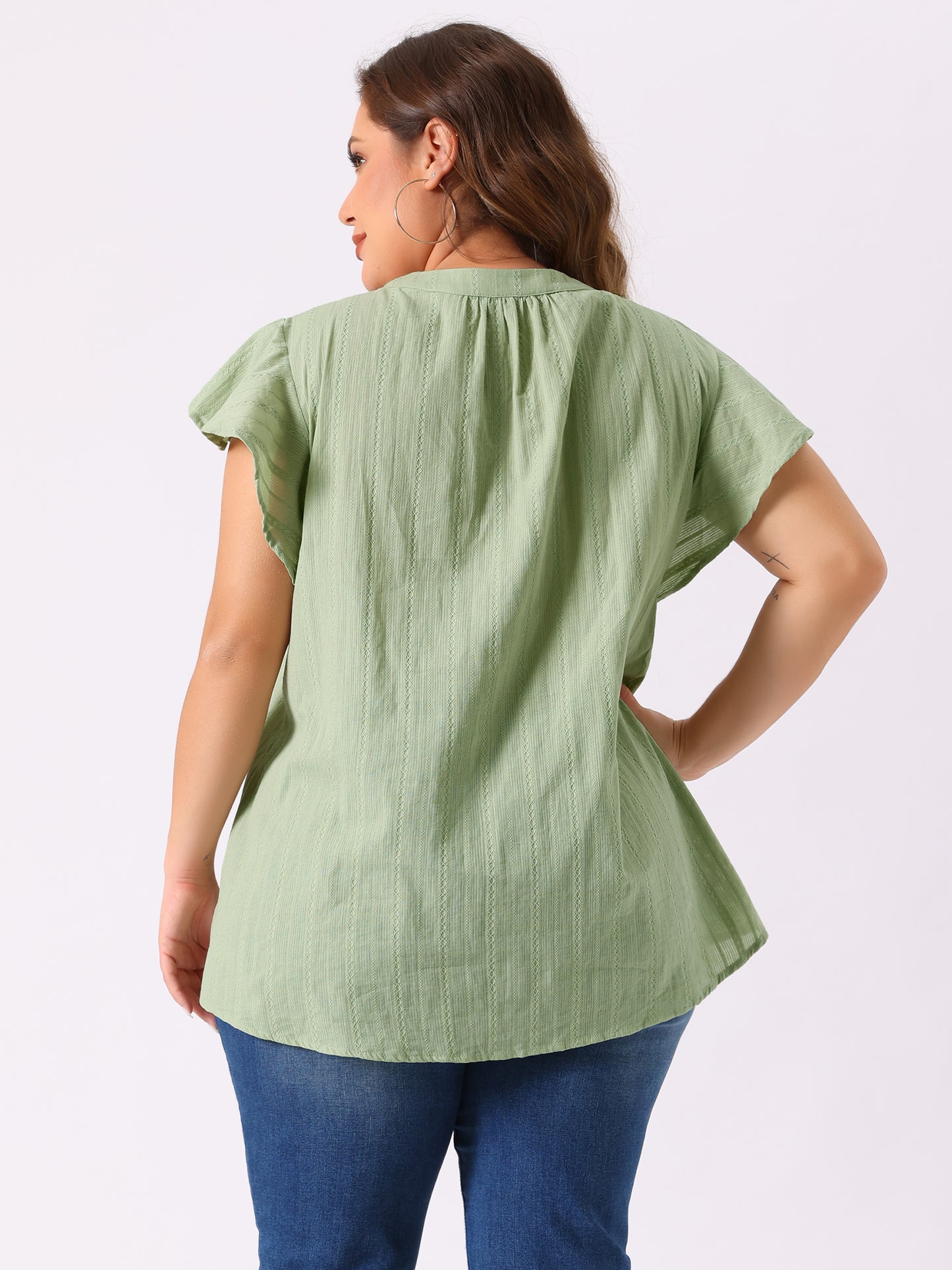Women Plus Size V Neck Tassel Self Tie Flutter Short Sleeve Blouse Flowy Summer Top