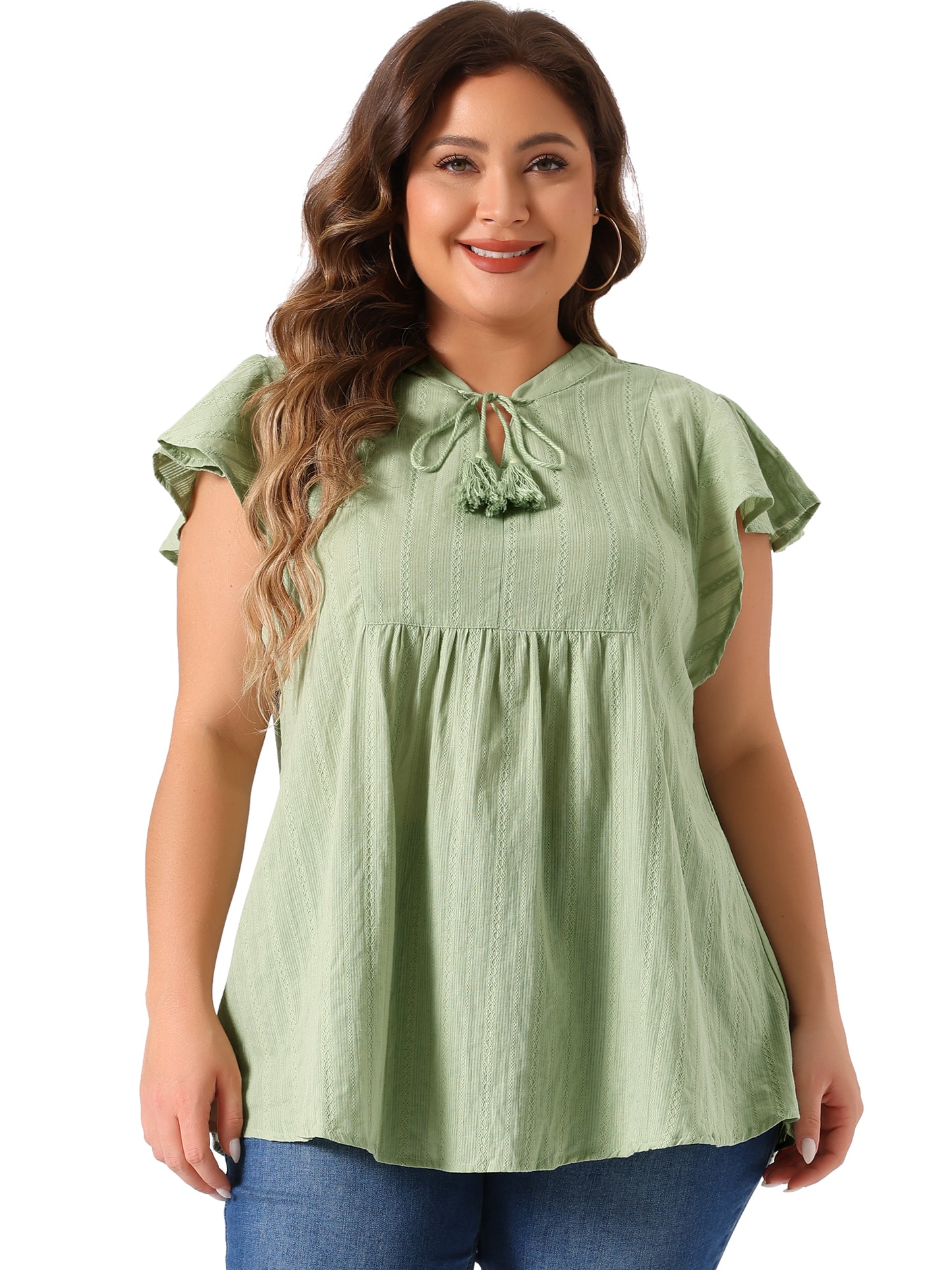 Women Plus Size V Neck Tassel Self Tie Flutter Short Sleeve Blouse Flowy Summer Top