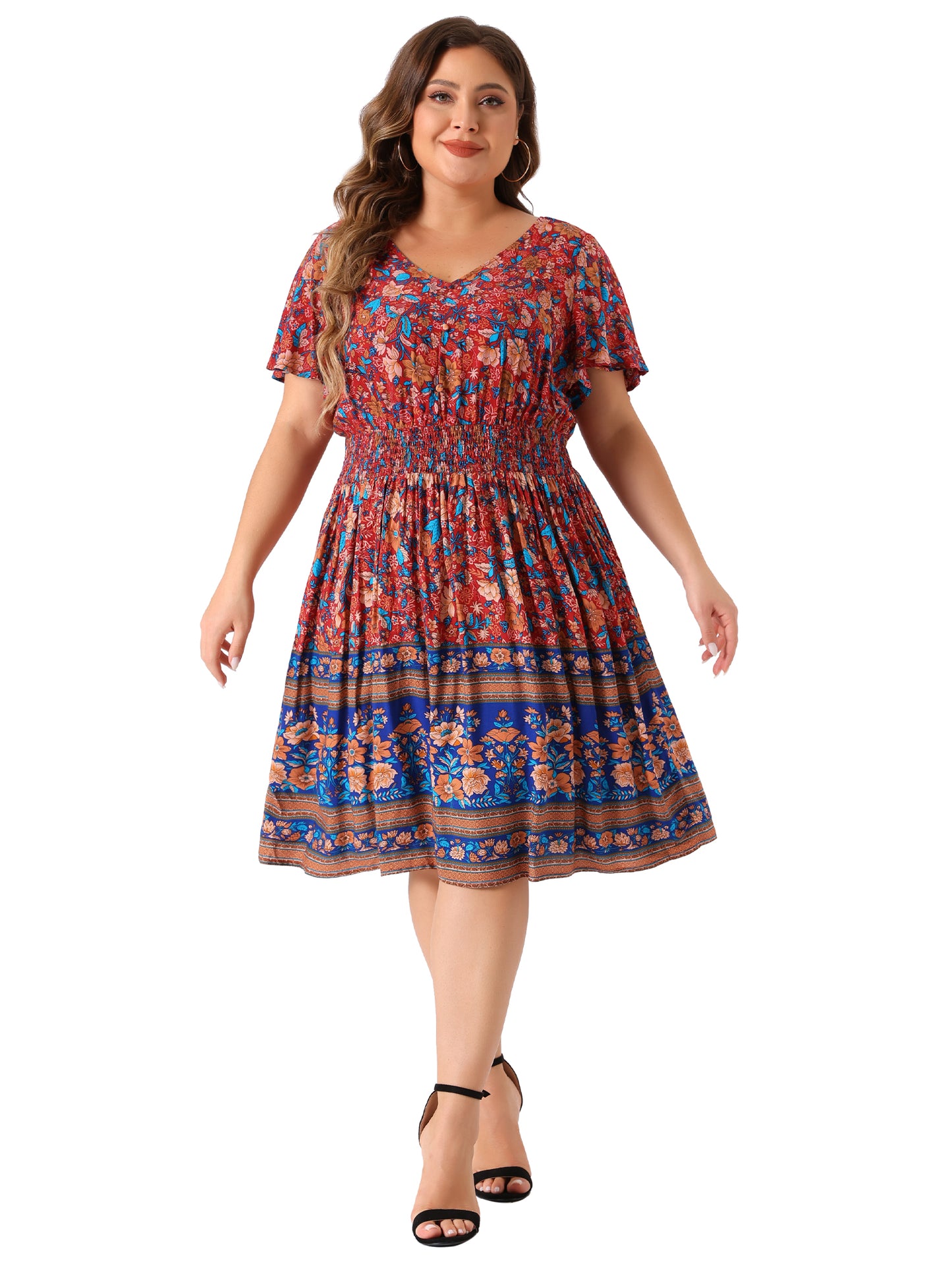 Women Plus Size Placed Pattern Bohemian Smock Waist V Neck Summer Midi Dress