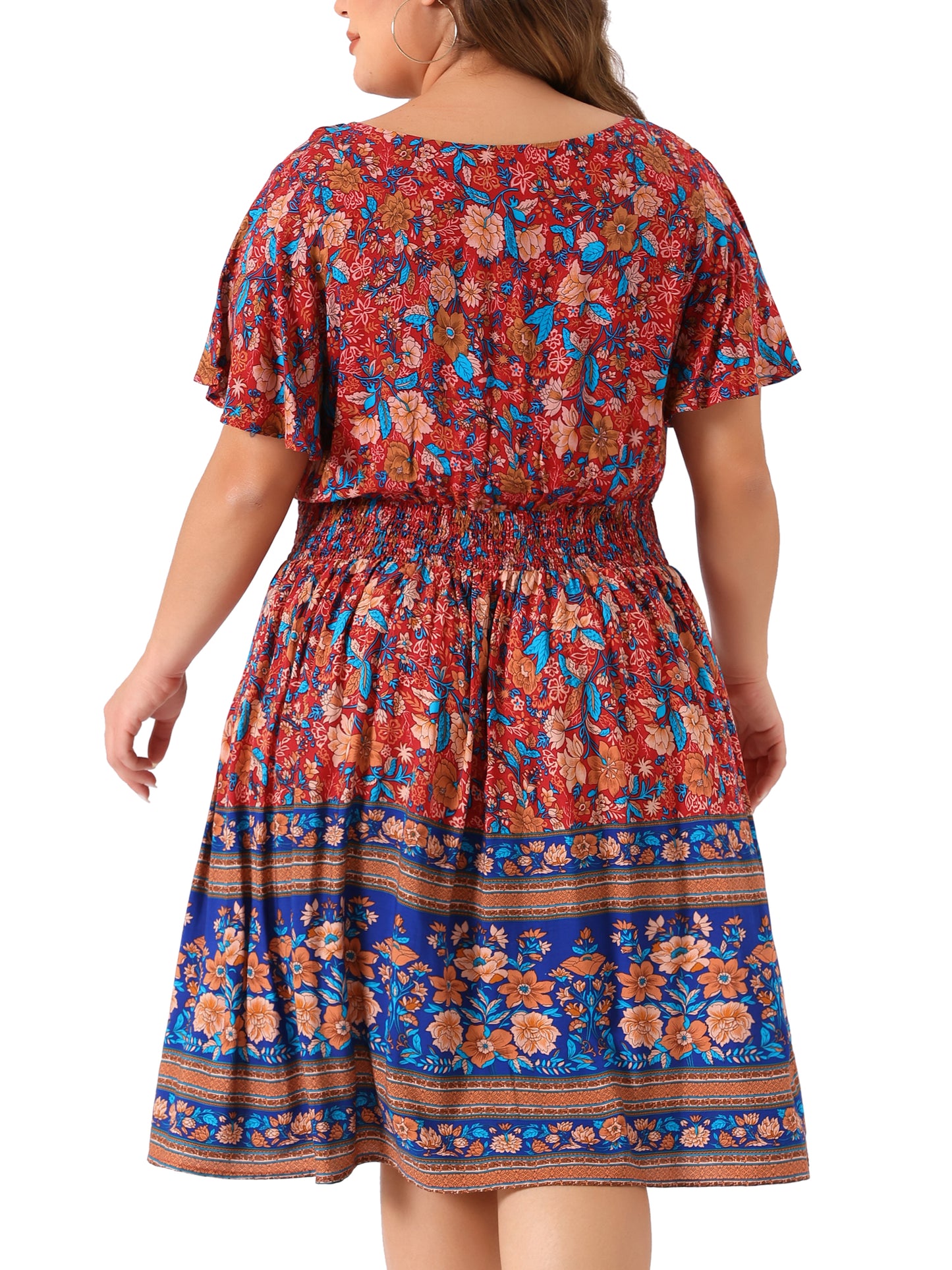 Women Plus Size Placed Pattern Bohemian Smock Waist V Neck Summer Midi Dress
