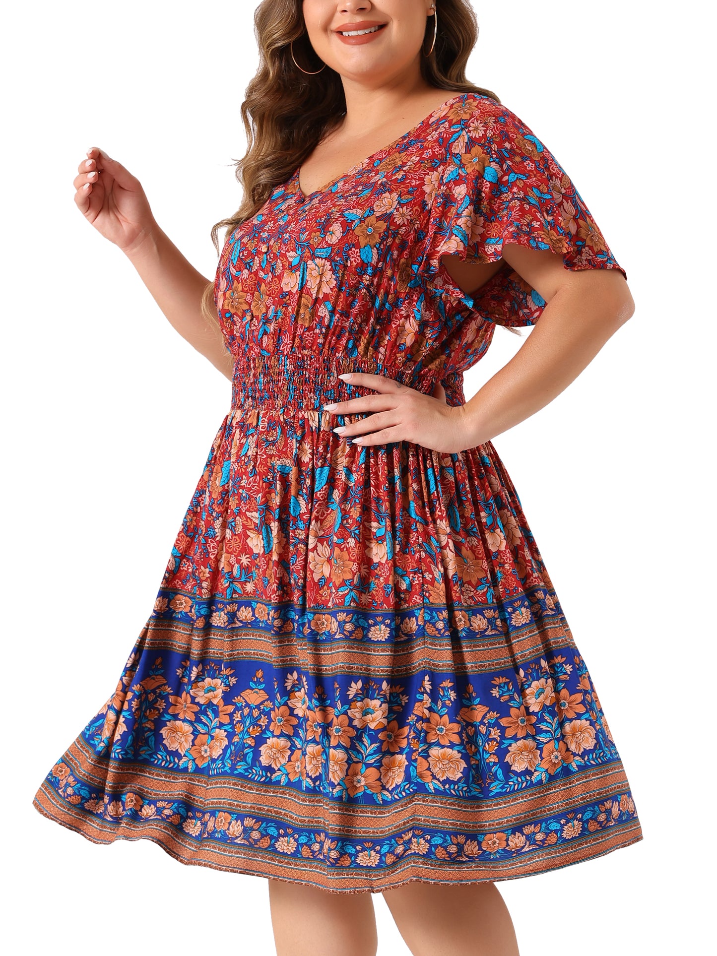 Women Plus Size Placed Pattern Bohemian Smock Waist V Neck Summer Midi Dress