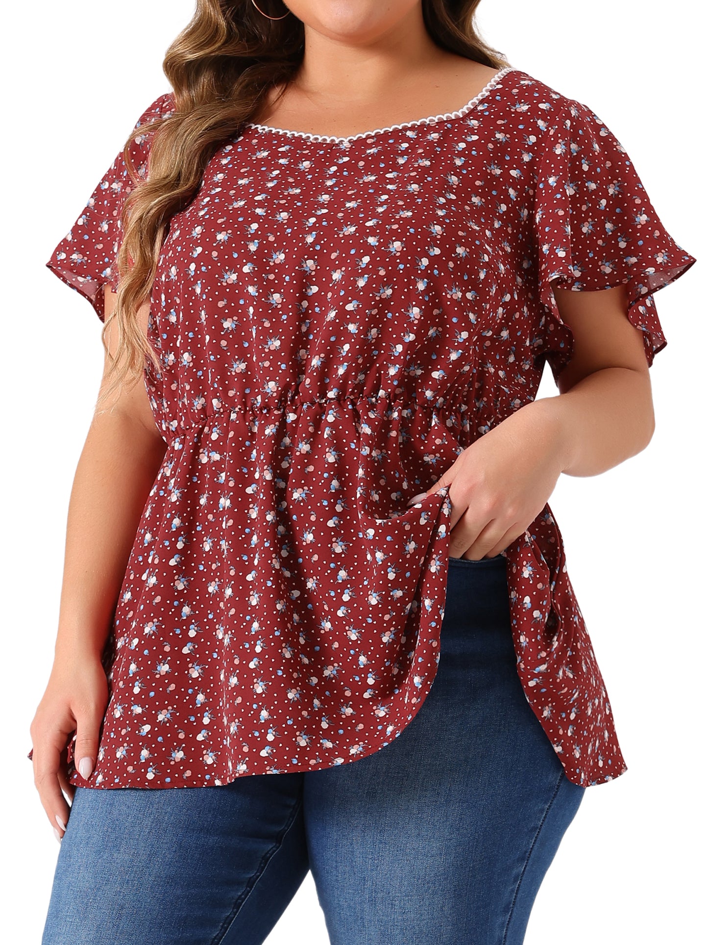 Women Plus Size Peplum Top Flare Short Sleeve Sweetheart Neck Summer Floral Blouse