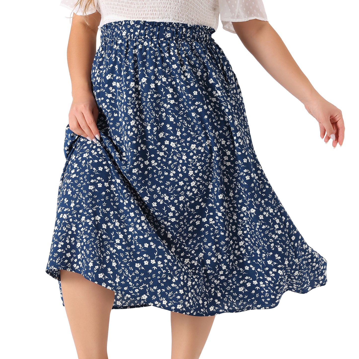 Women Plus Size Printed Skirt Chiffon Elastic Waist Flowy Midi Skirts with Pockets