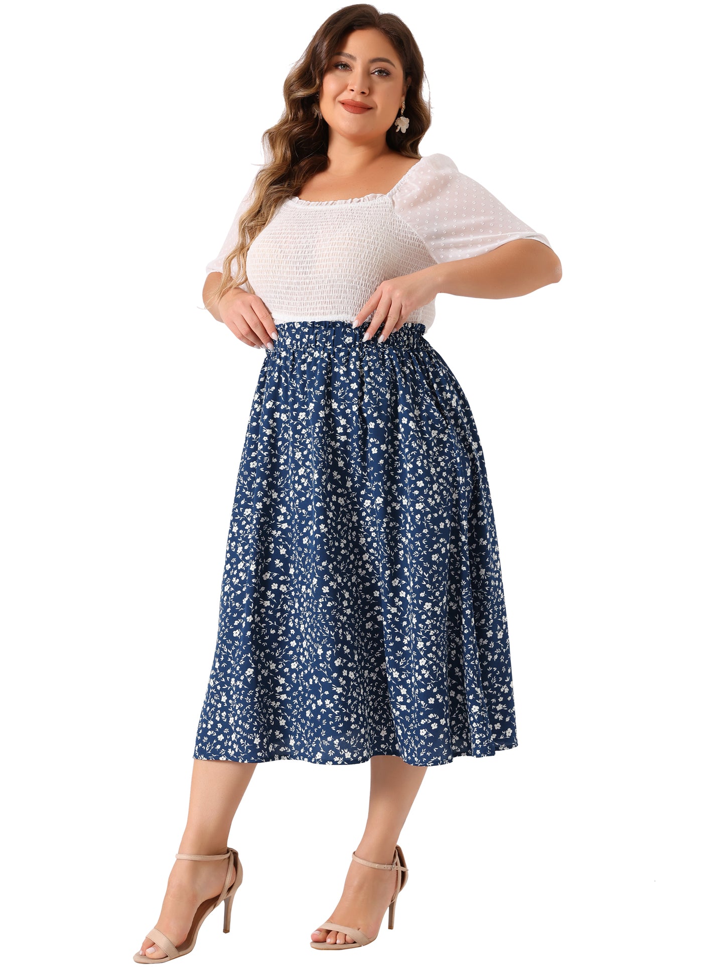 Women Plus Size Printed Skirt Chiffon Elastic Waist Flowy Midi Skirts with Pockets