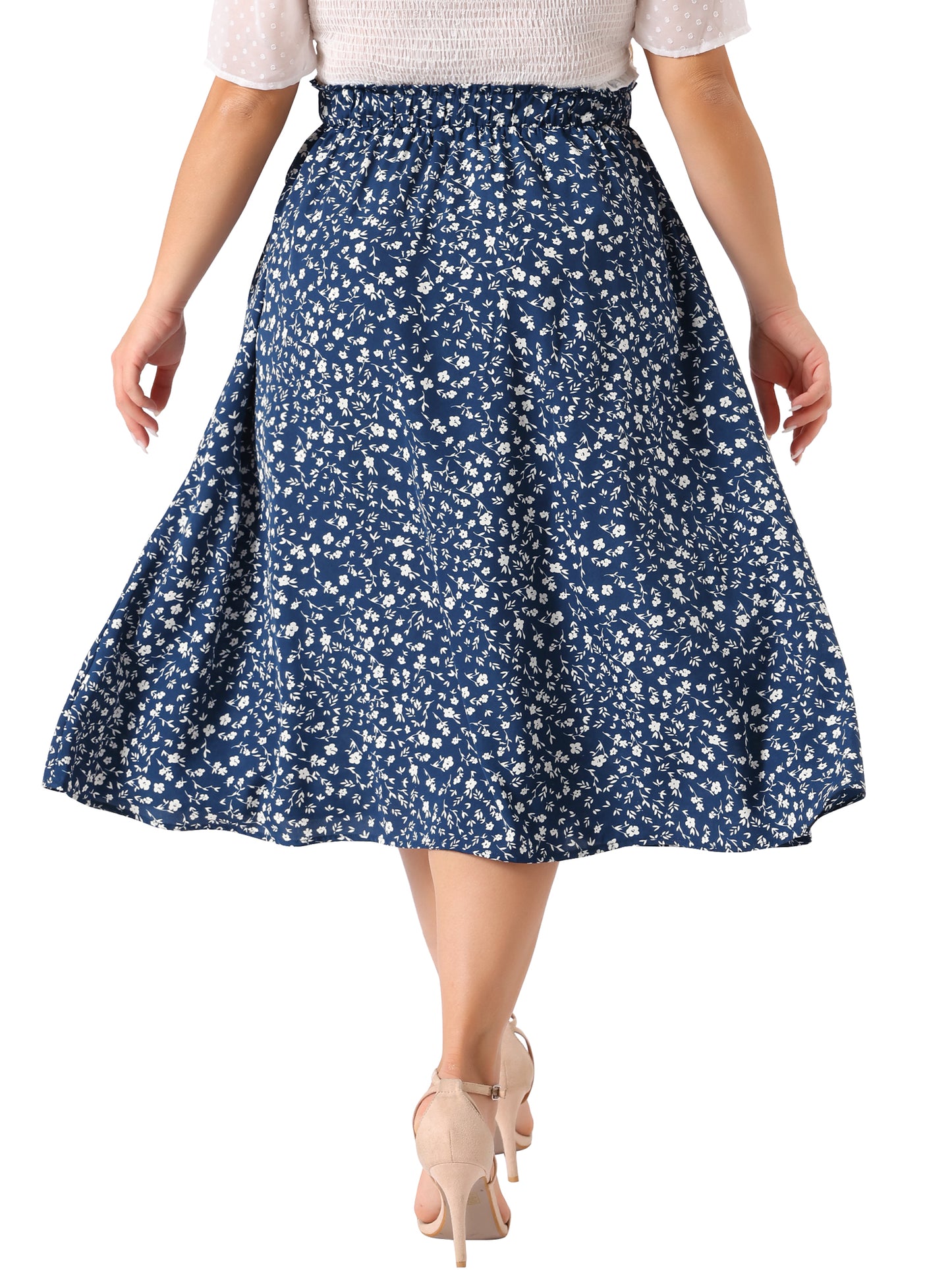 Women Plus Size Printed Skirt Chiffon Elastic Waist Flowy Midi Skirts with Pockets