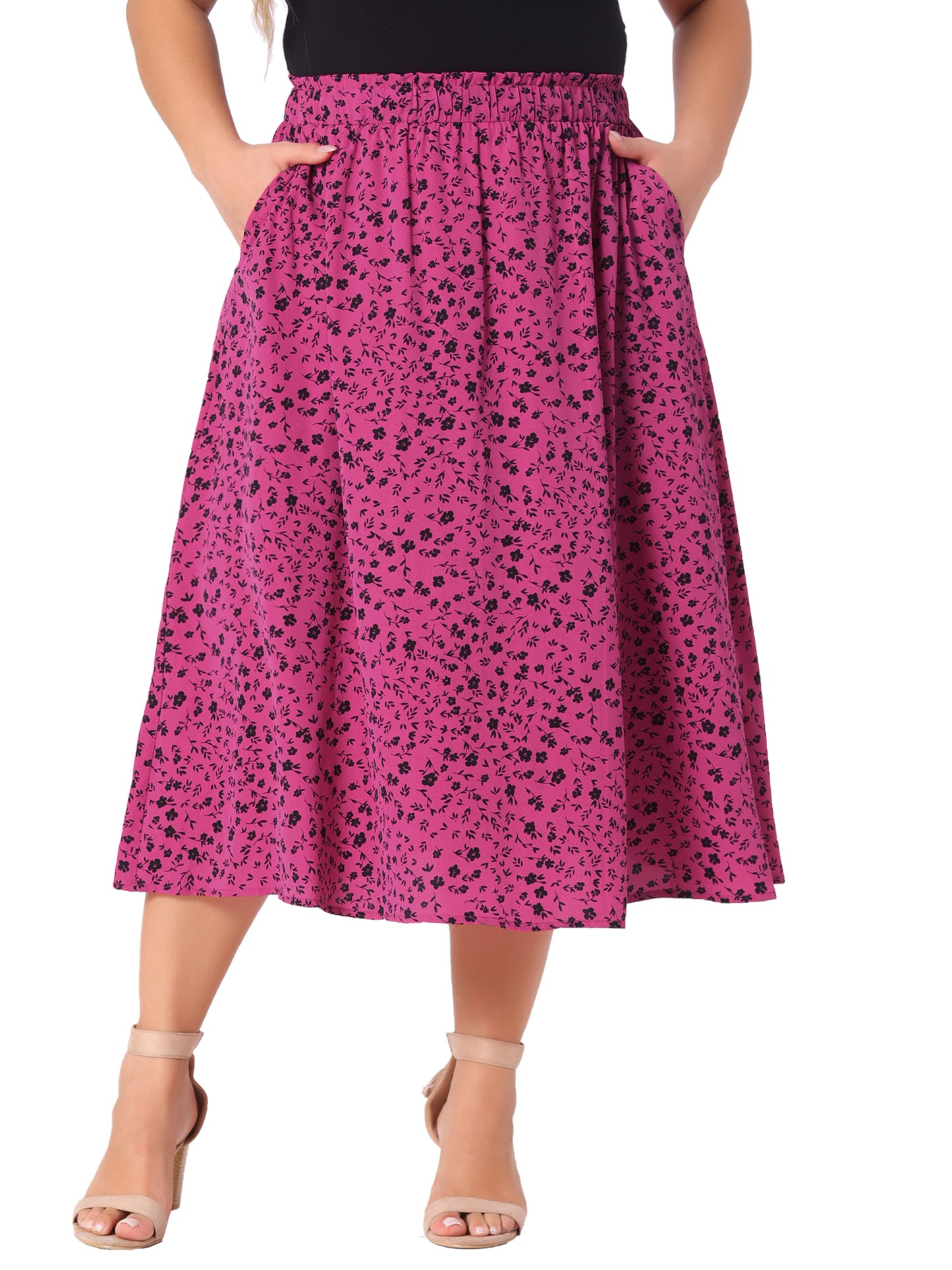 Women Plus Size Printed Skirt Chiffon Elastic Waist Flowy Midi Skirts with Pockets