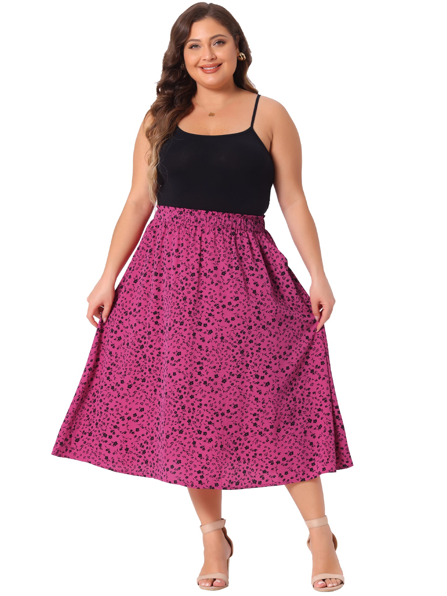 Women Plus Size Printed Skirt Chiffon Elastic Waist Flowy Midi Skirts with Pockets