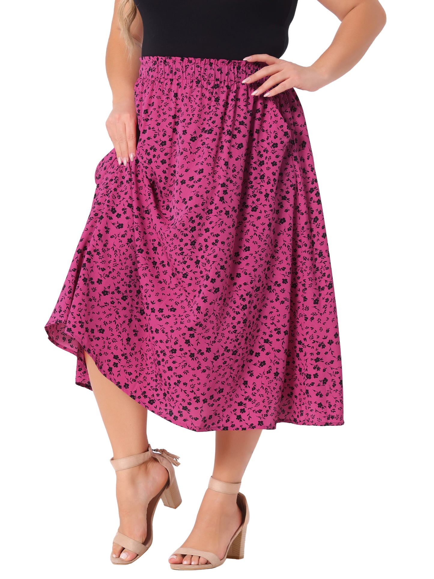 Women Plus Size Printed Skirt Chiffon Elastic Waist Flowy Midi Skirts with Pockets