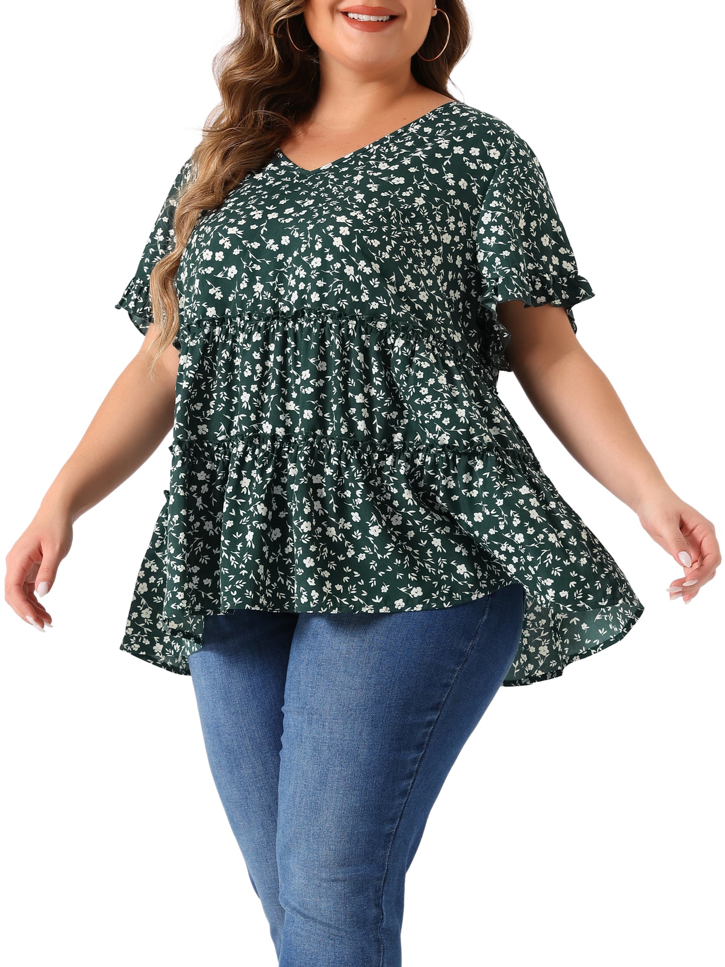 Women's Plus Size Blouse Summer Tops V Neck Short Sleeve Boho Floral Babydolls Blouse