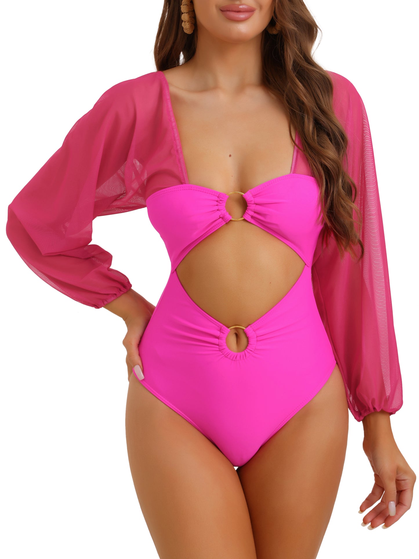 Women's Cut Out Ring Plunge Neck Shirred Mesh Long Sleeves Bathing Suit One Piece Bikini