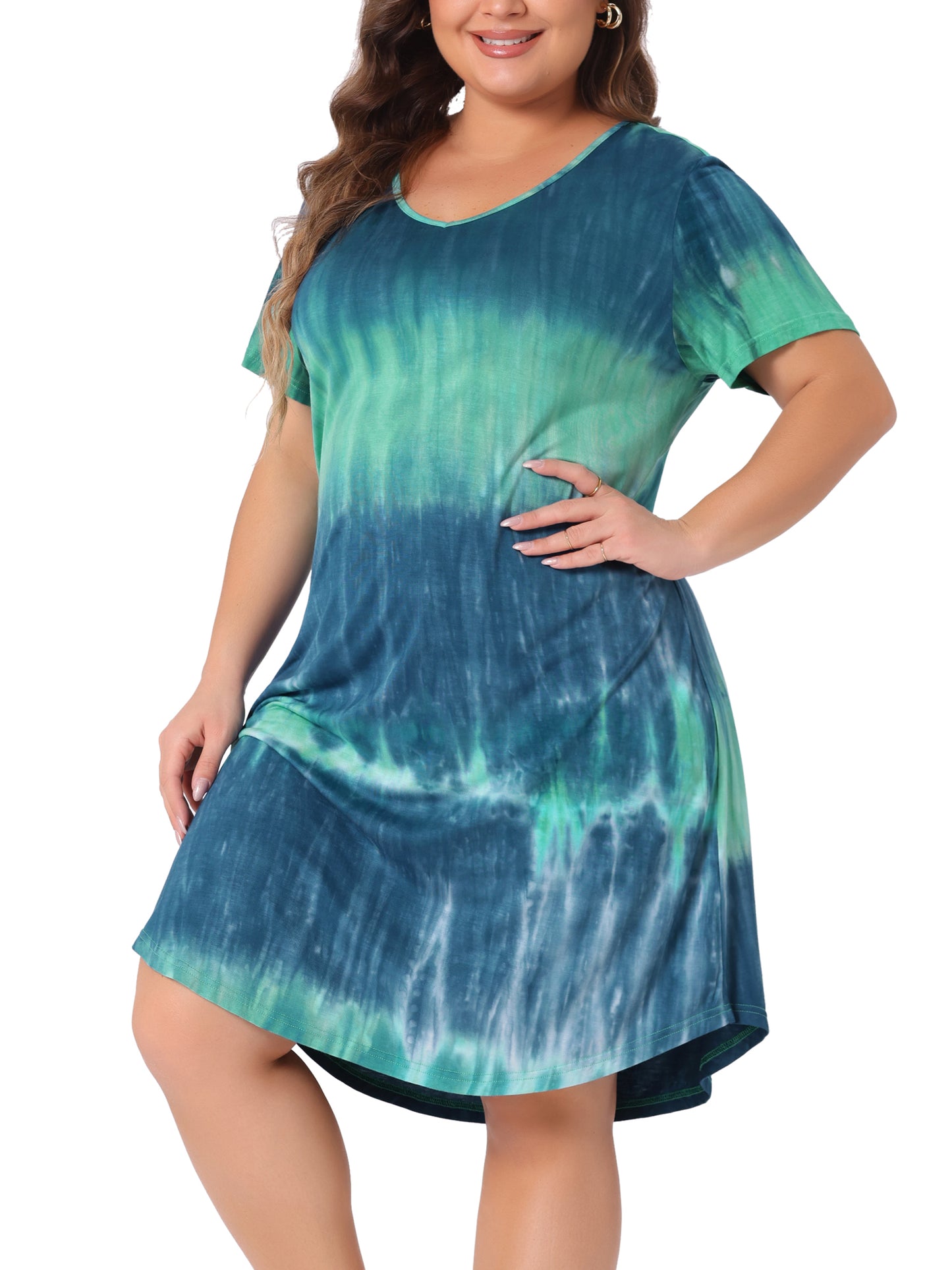 Women Plus Size Tie Dye Summer V Neck Short Sleeve Casual Dresses