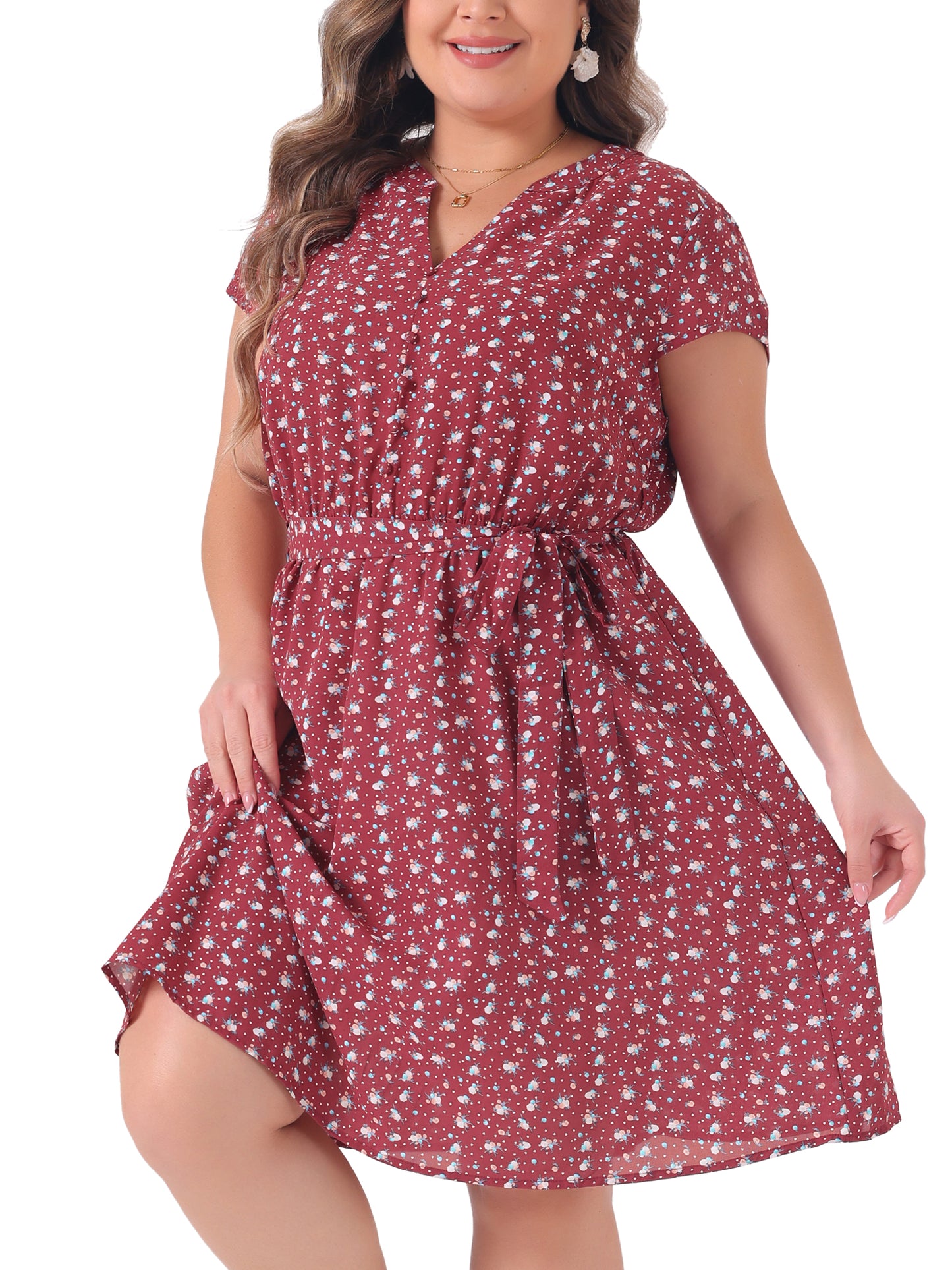 Women's Plus Size V Neck Belted Summer Floral Dresses