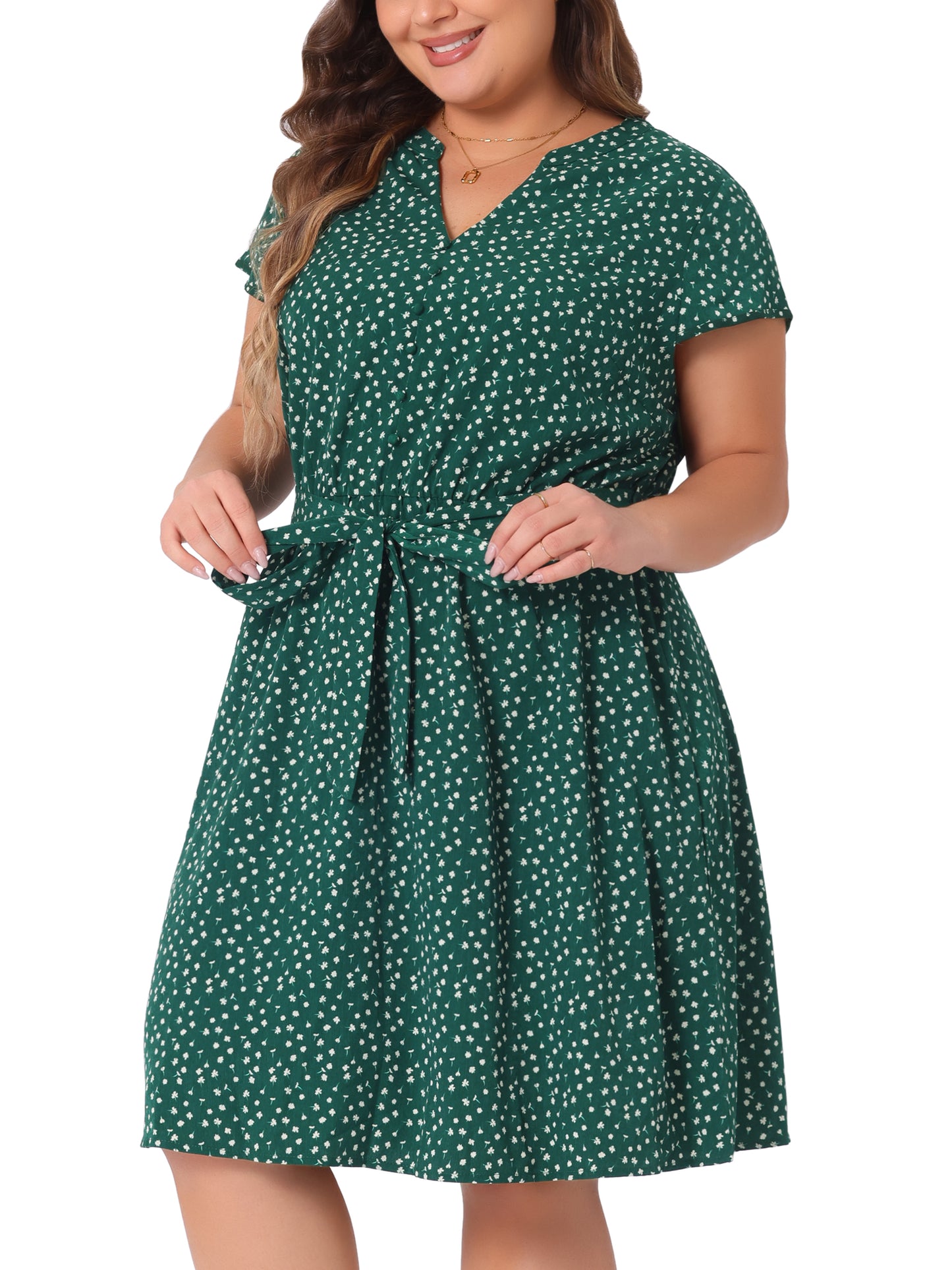 Women's Plus Size V Neck Belted Summer Floral Dresses