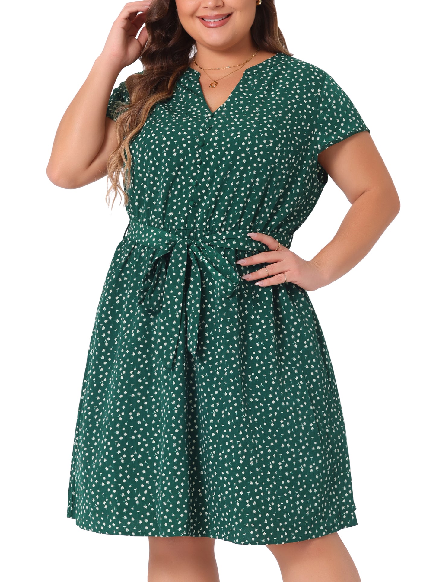 Women's Plus Size V Neck Belted Summer Floral Dresses