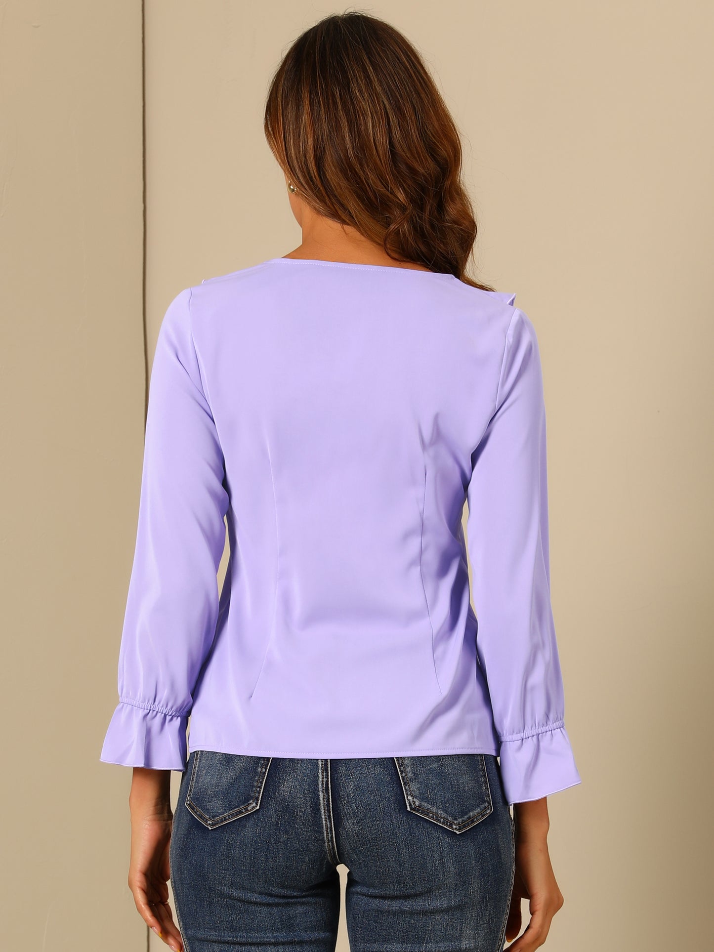 Blusa elegante con volantes para mujer, cuello en V, manga larga, informal, elegante