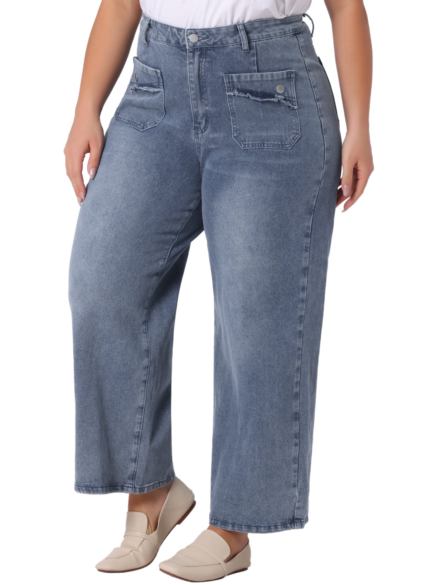 Women Plus Size Jeans Wide Leg Washed Stretch With Pockets Palazzo Denim Jeans