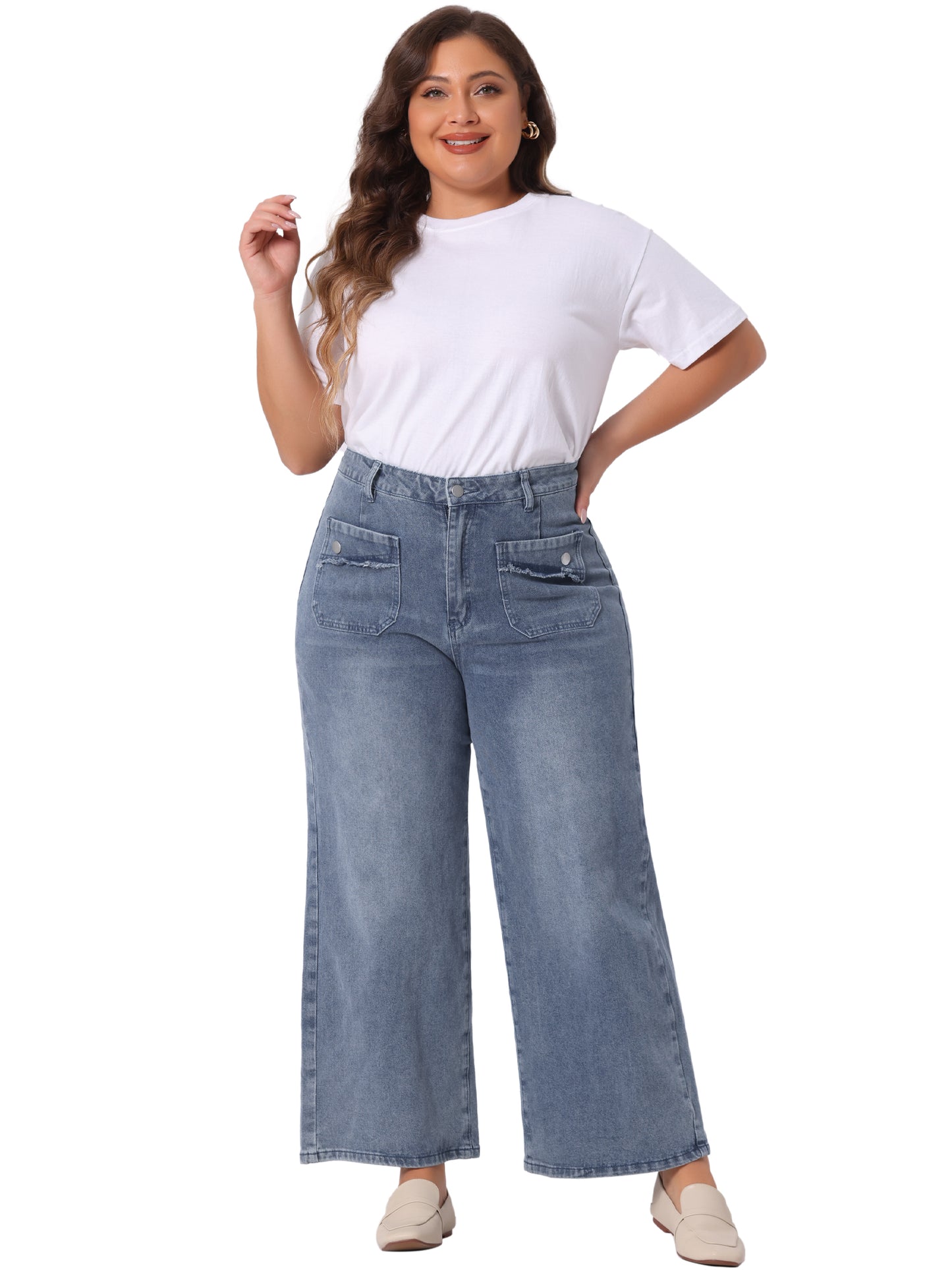 Women Plus Size Jeans Wide Leg Washed Stretch With Pockets Palazzo Denim Jeans